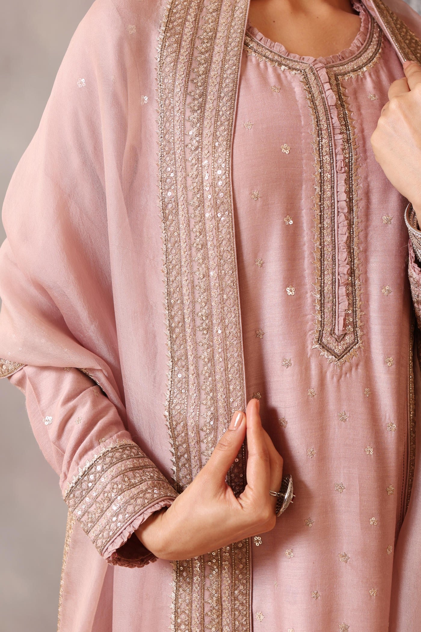 Hand Embroidered Dusty Pastel Lilac Pure Muga Silk Kurta Pants Set