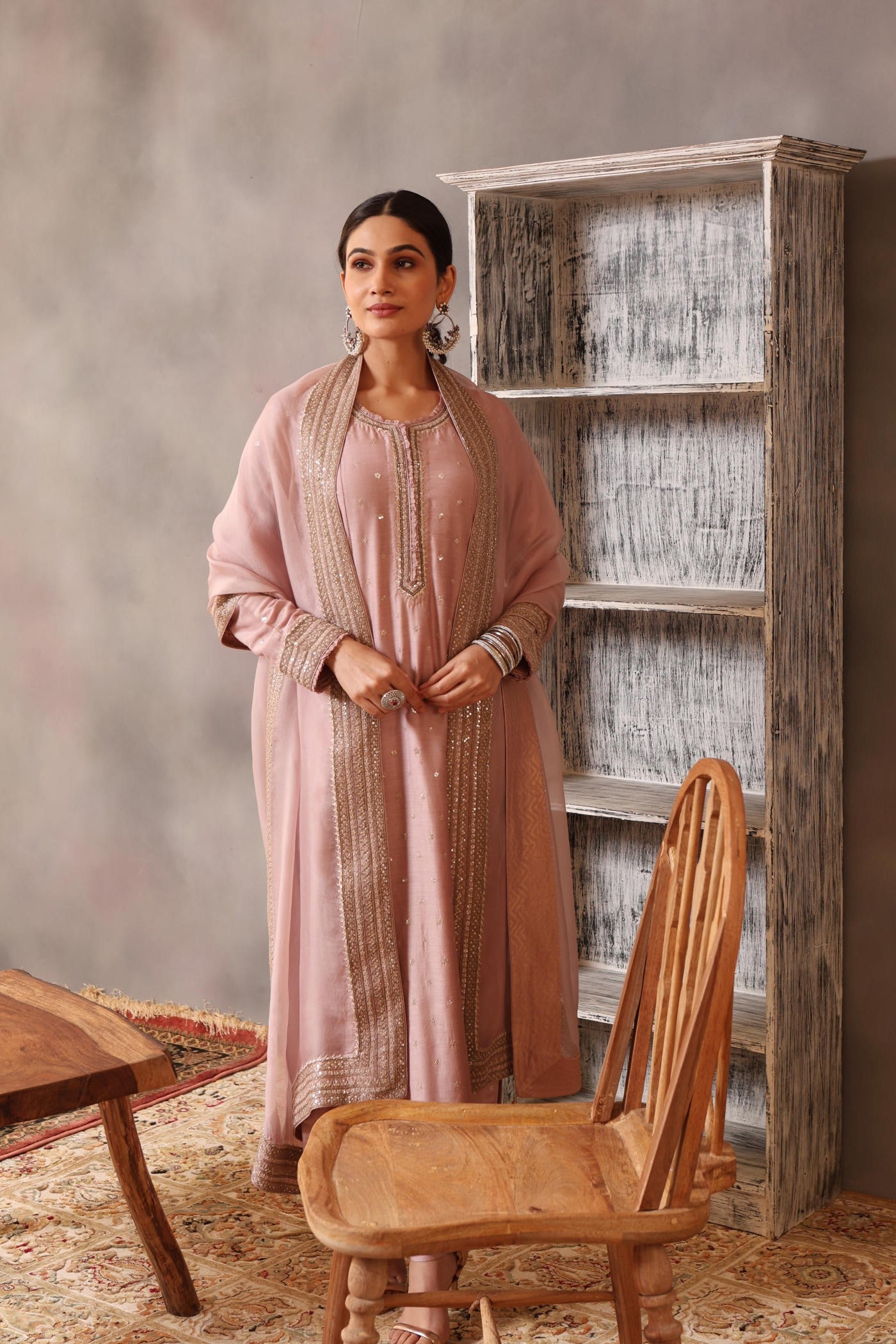 Hand Embroidered Dusty Pastel Lilac Pure Muga Silk Kurta Pants Set
