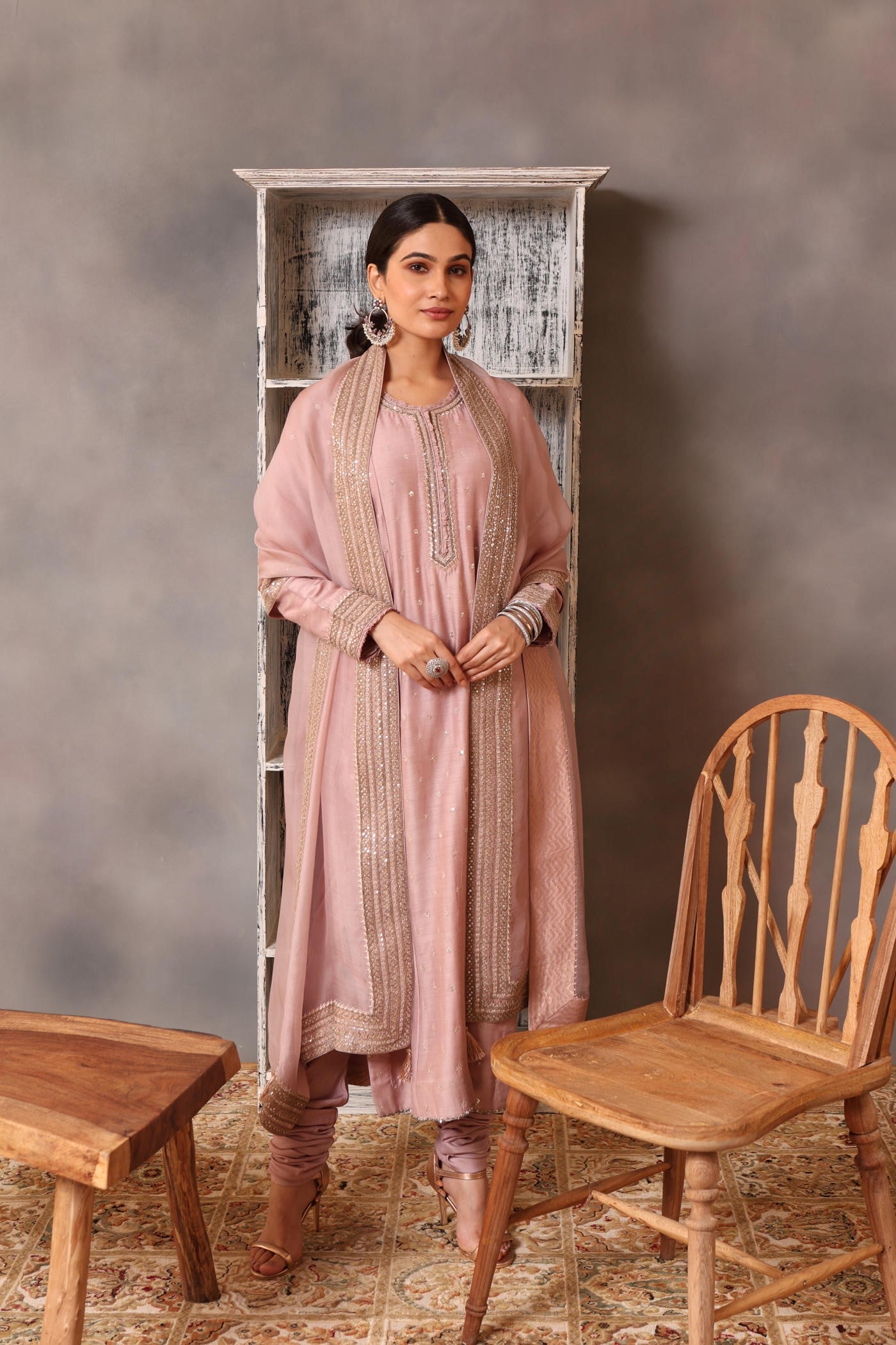 Hand Embroidered Dusty Pastel Lilac Pure Muga Silk Kurta Pants Set