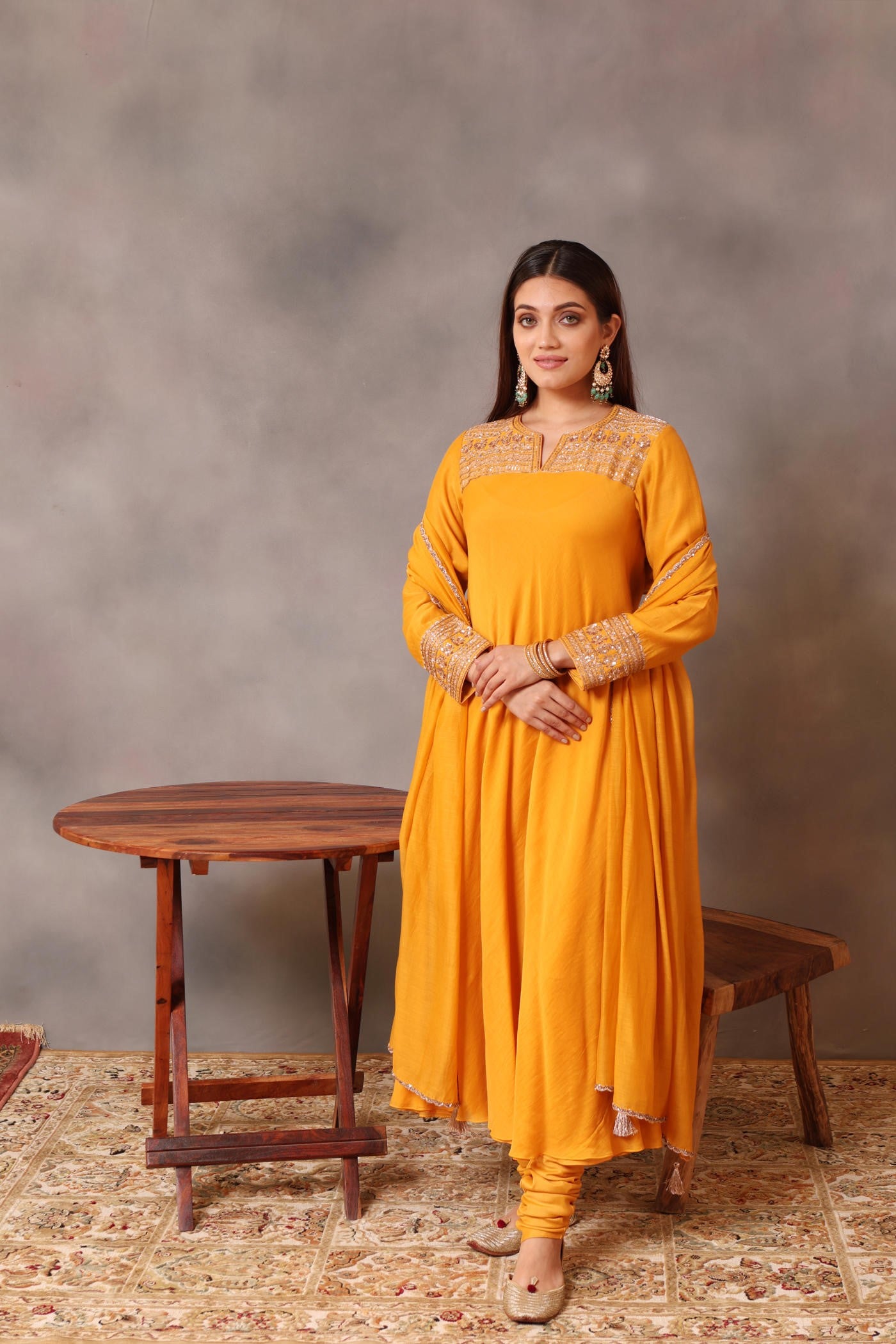 Hand Embroidered Turmeric Yellow Pure Cotton Silk Kurta Churidaar Set