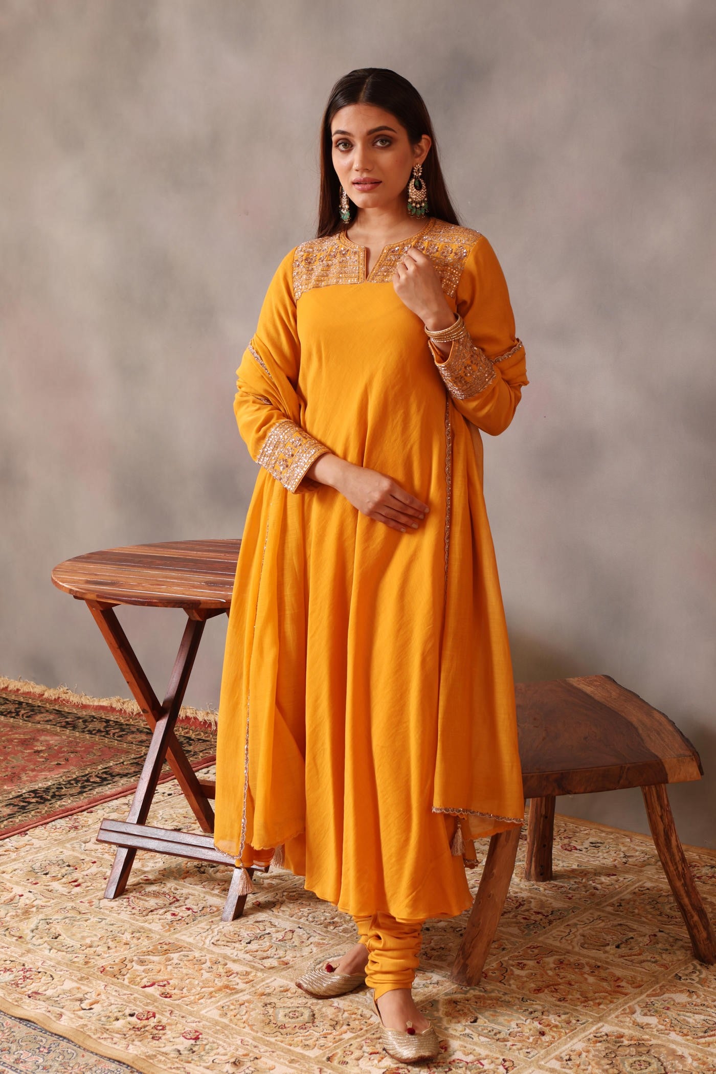 Hand Embroidered Turmeric Yellow Pure Cotton Silk Kurta Churidaar Set