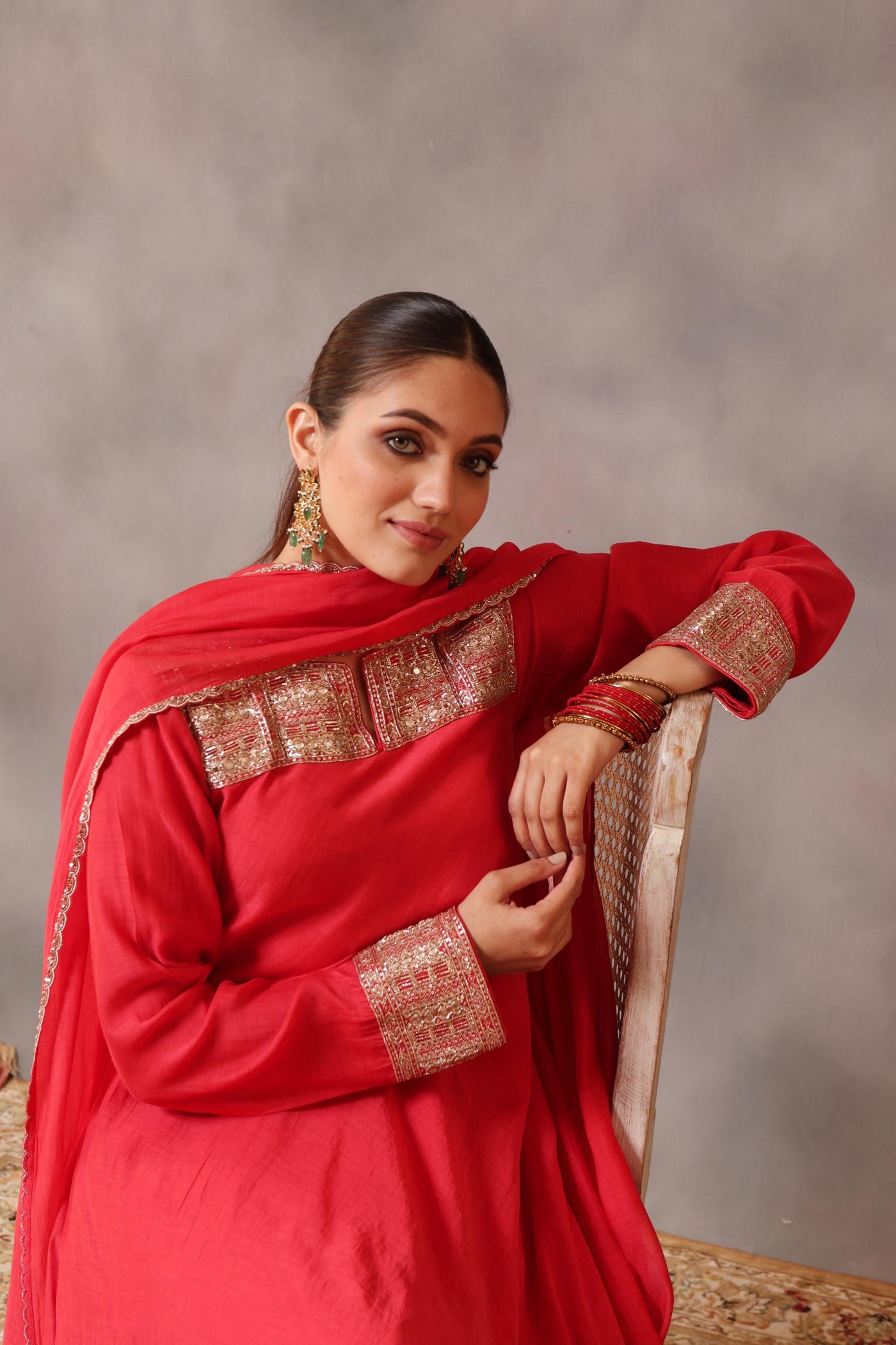 Hand Embroidered Tomato Red Pure Cotton Silk Kurta Pants Set