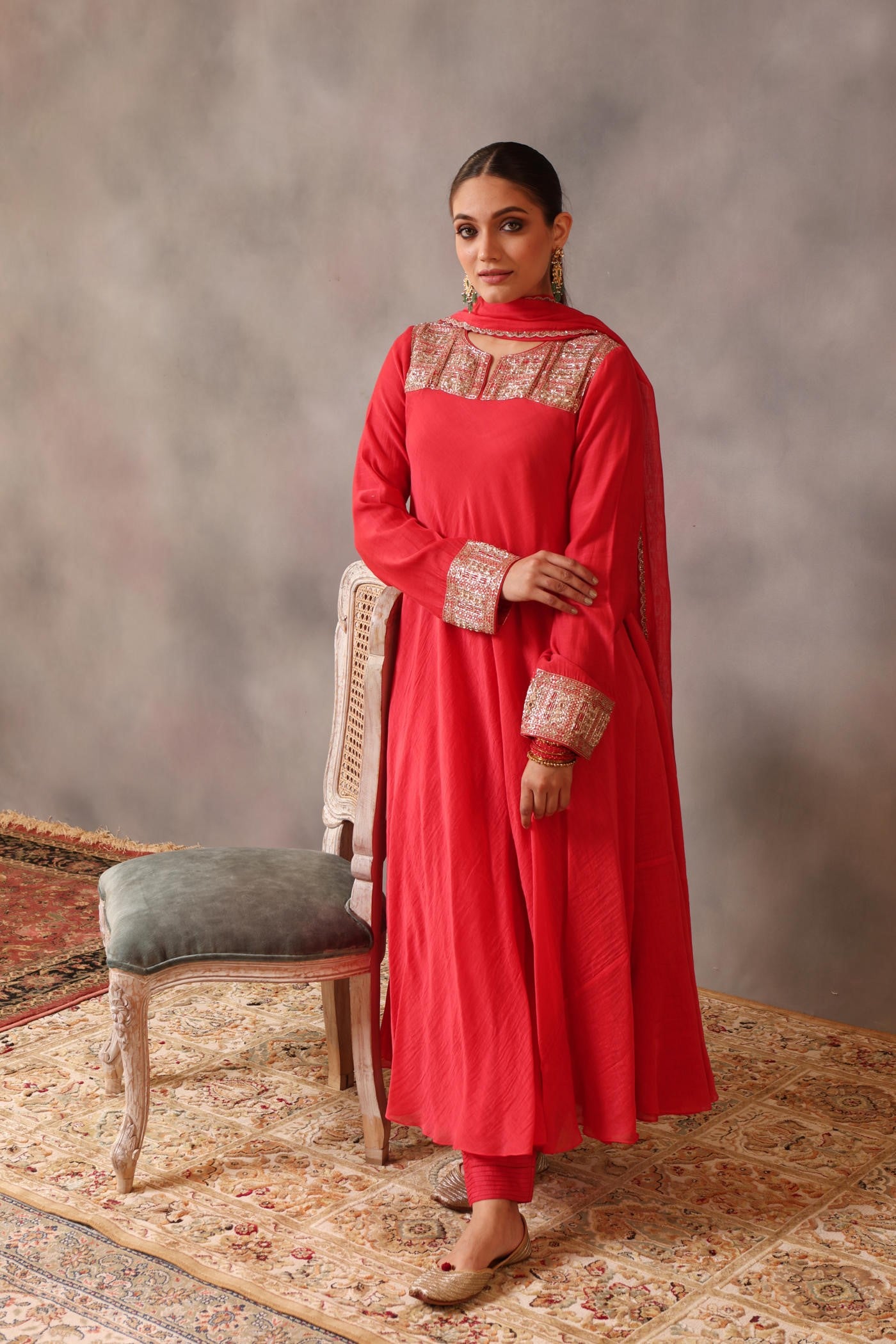 Hand Embroidered Tomato Red Pure Cotton Silk Kurta Pants Set