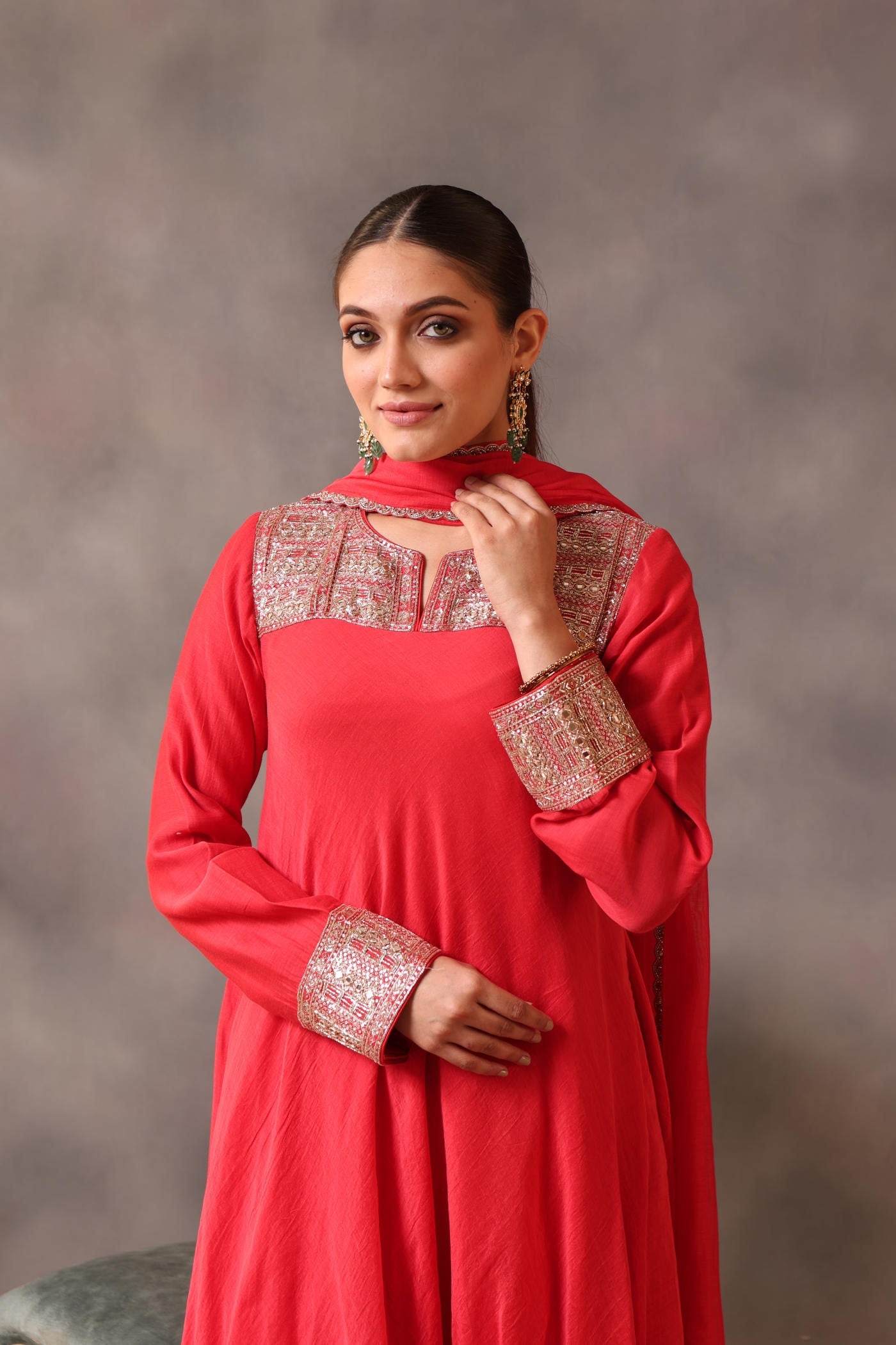 Hand Embroidered Tomato Red Pure Cotton Silk Kurta Pants Set