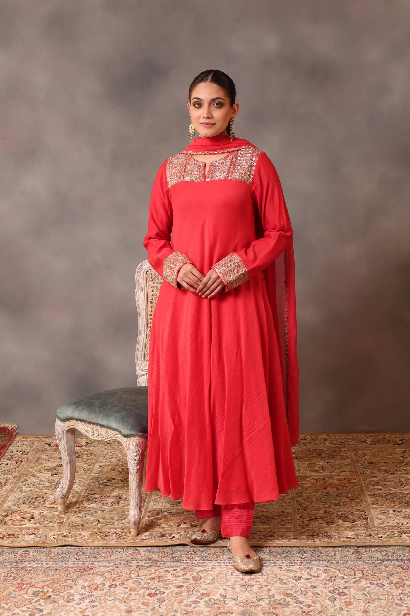 Hand Embroidered Tomato Red Pure Cotton Silk Kurta Pants Set