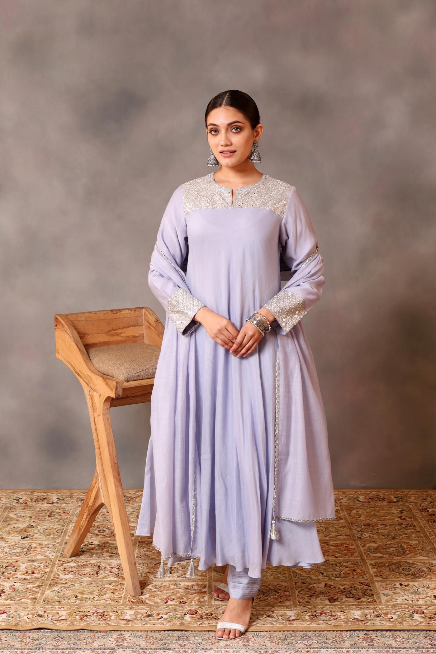 Hand Embroidered Powder Blue Pure Cotton Silk Kurta Pants Set
