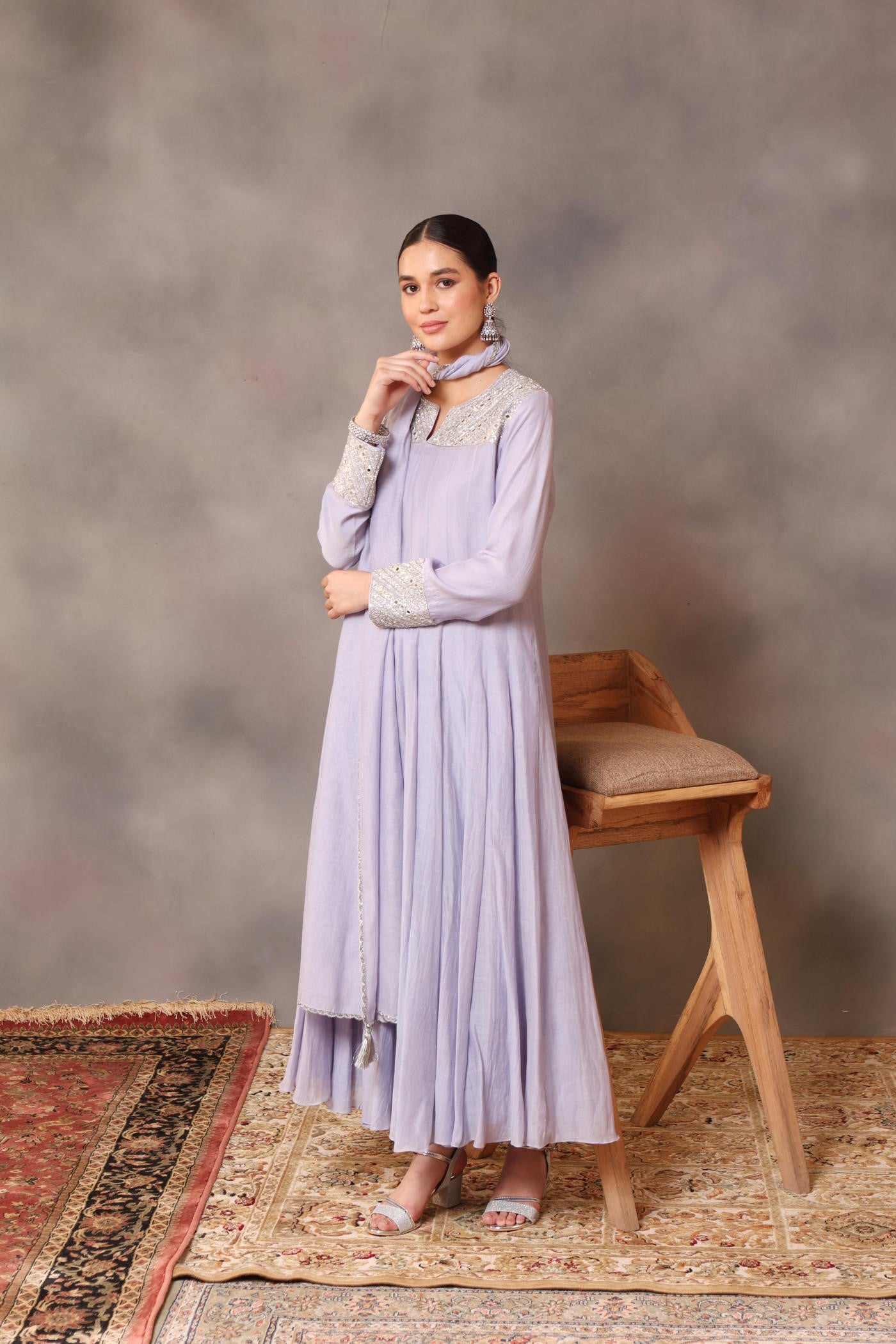 Hand Embroidered Powder Blue Pure Cotton Silk Anarkali Pants Set