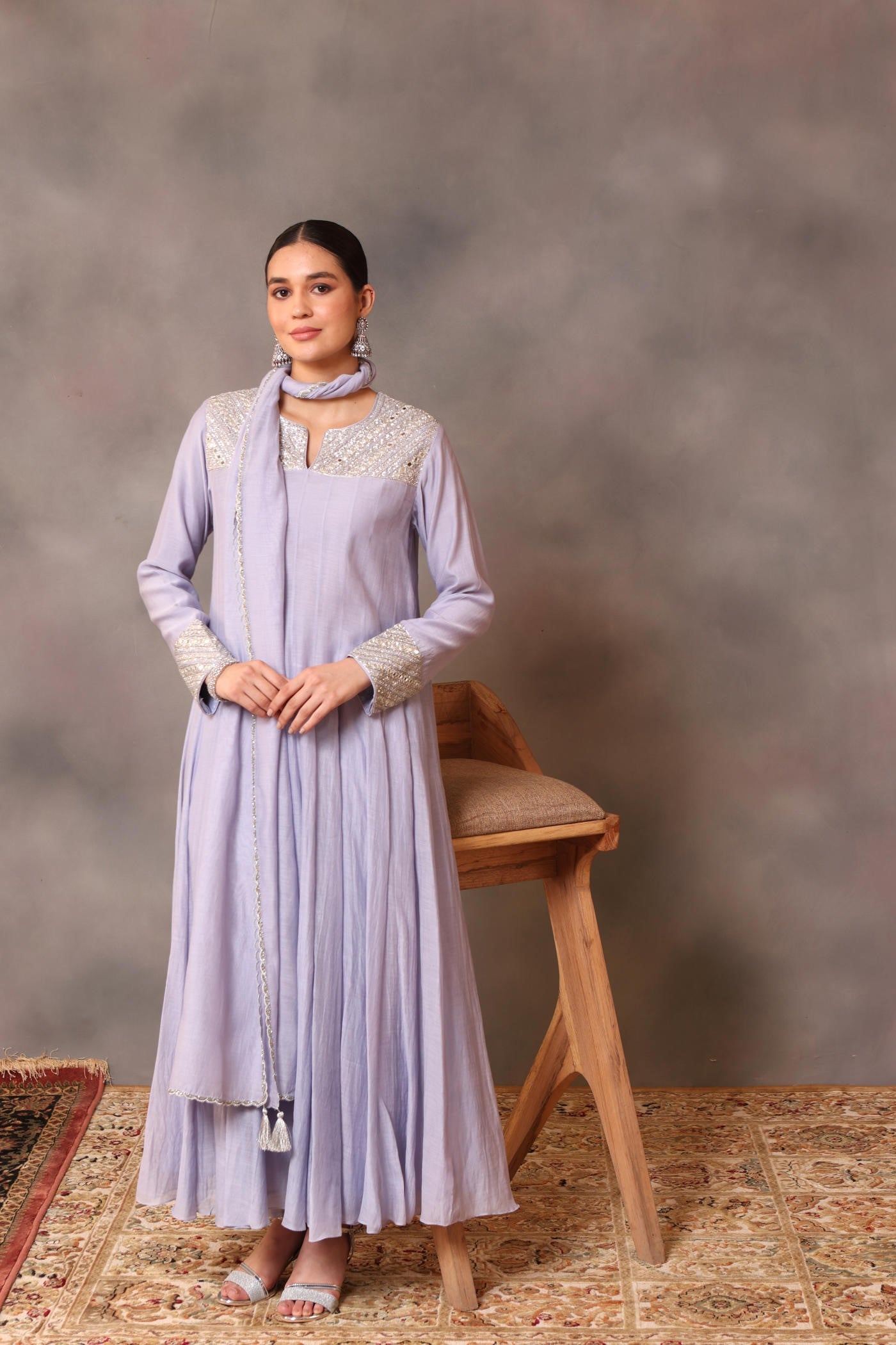 Hand Embroidered Powder Blue Pure Cotton Silk Anarkali Pants Set