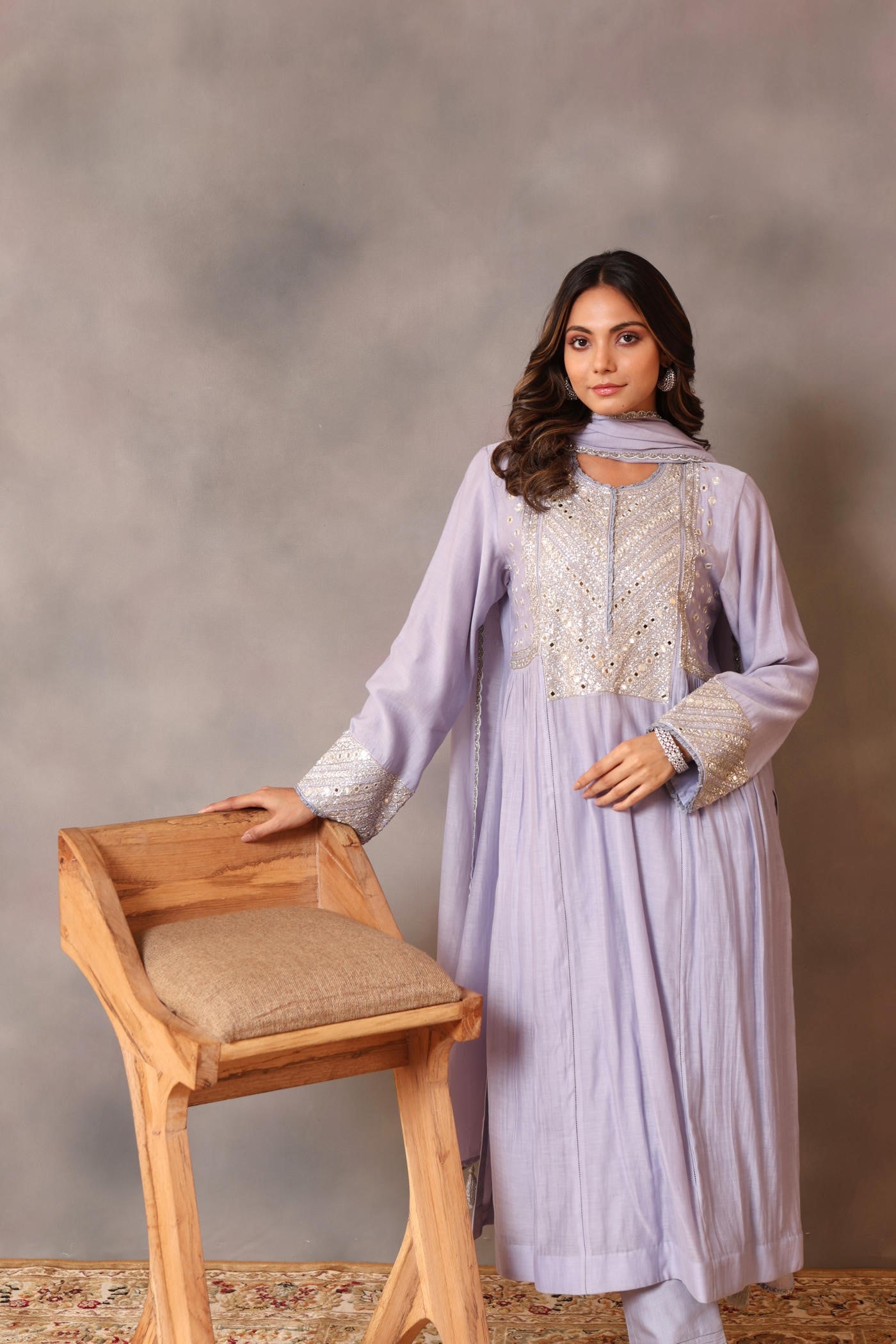 Hand Embroidered Powder Blue Pure Cotton Silk Kurta Pants Set