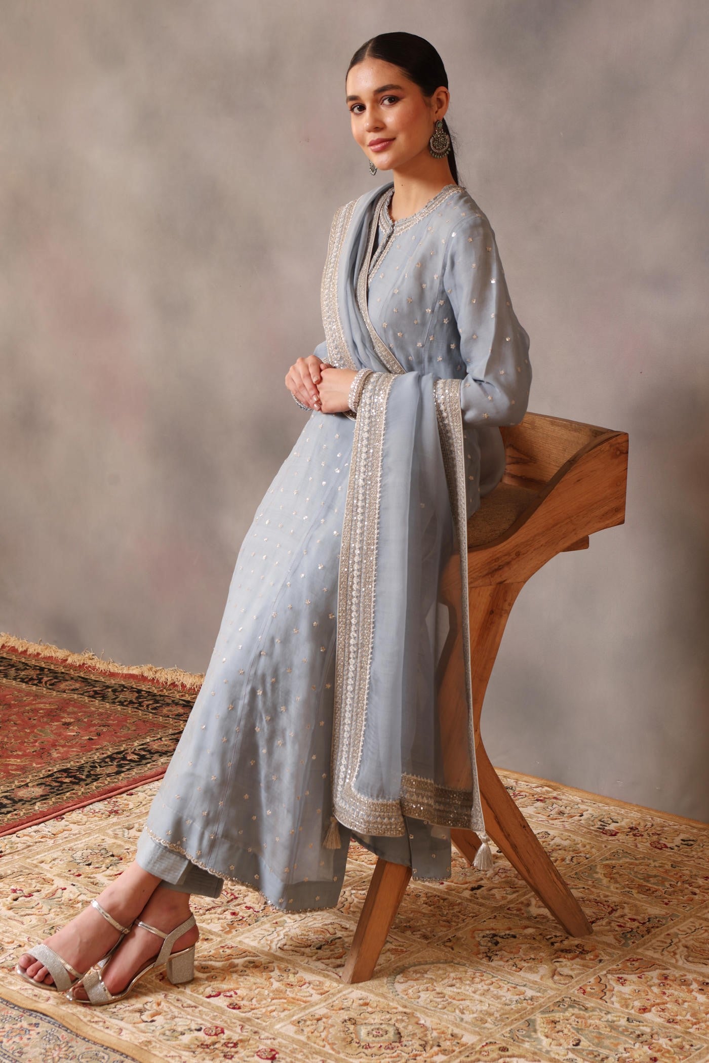 Hand Embroidered Dusty Blue Pure Katan Silk Kurta Pants Set