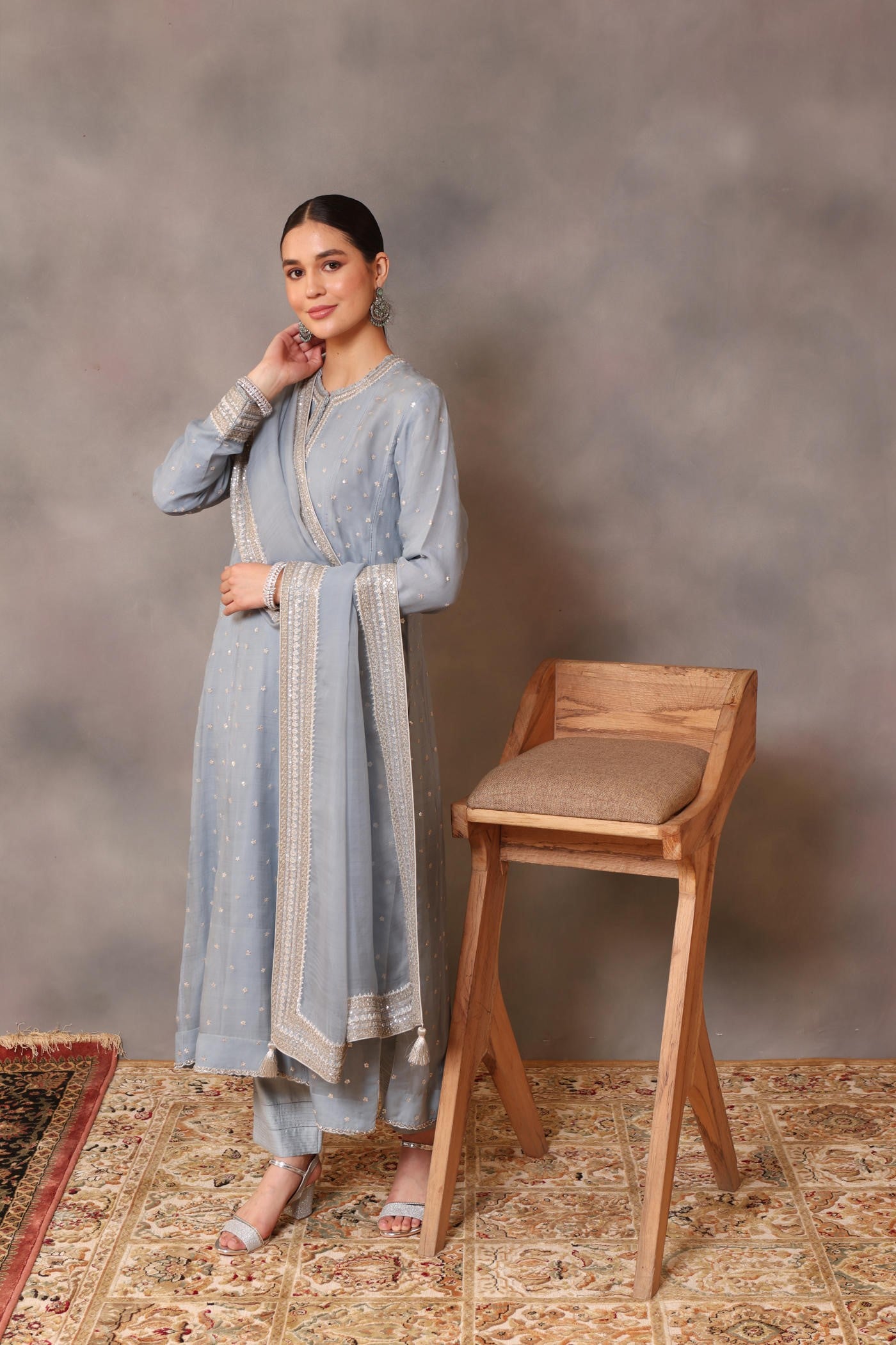 Hand Embroidered Dusty Blue Pure Katan Silk Kurta Pants Set