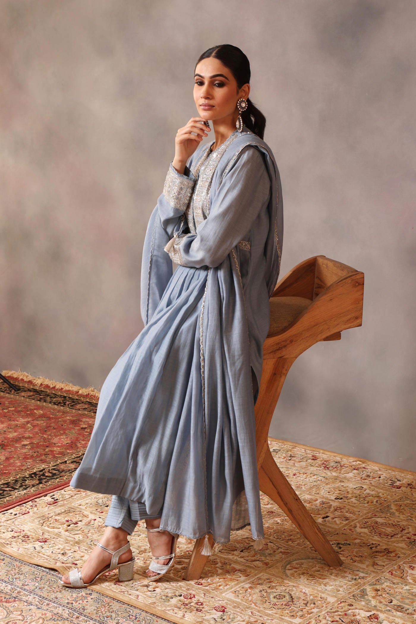Hand Embroidered Shadow Blue Pure Cotton Silk Kurta Pants Set