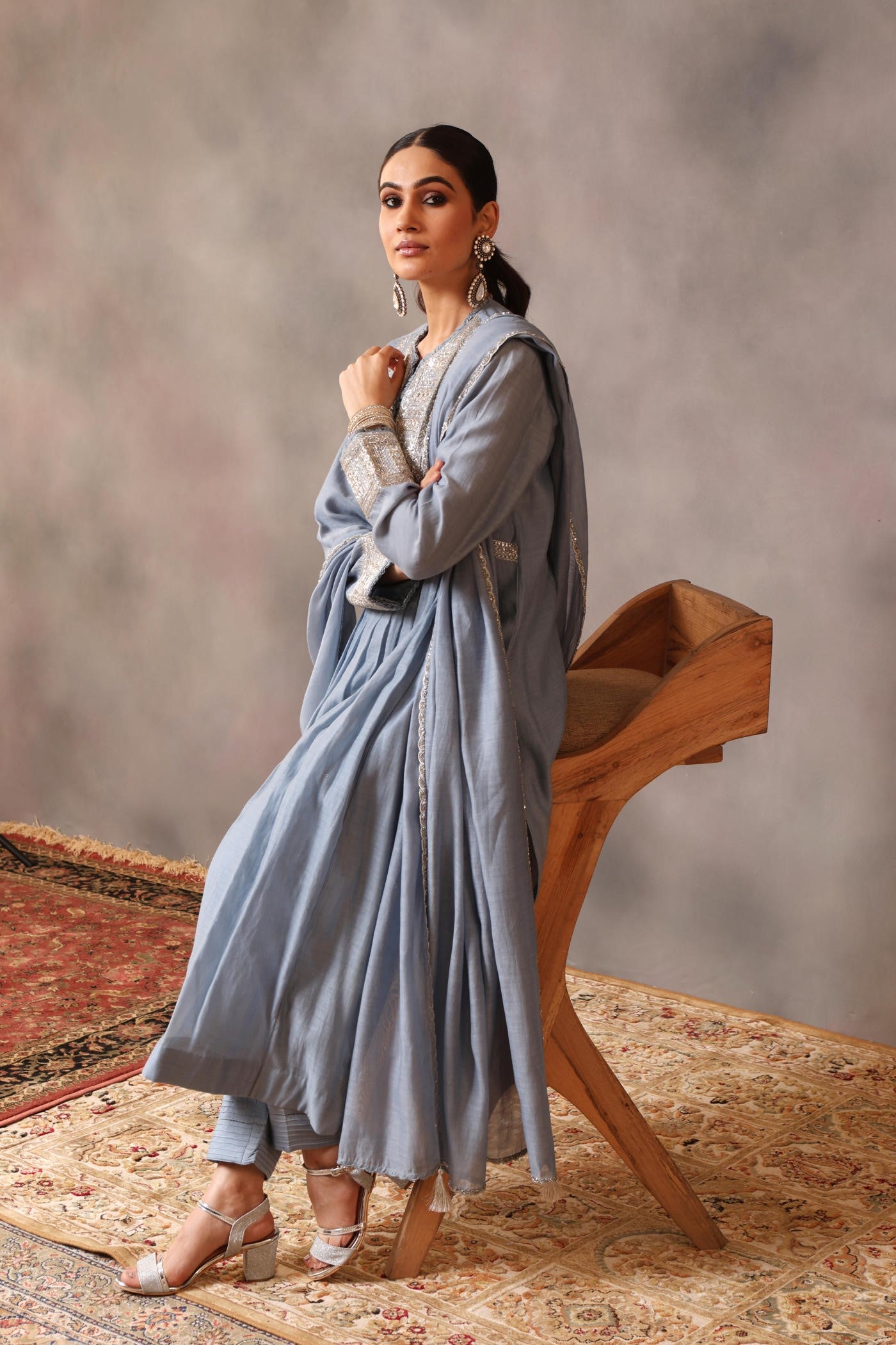 Hand Embroidered Shadow Blue Pure Cotton Silk Kurta Pants Set