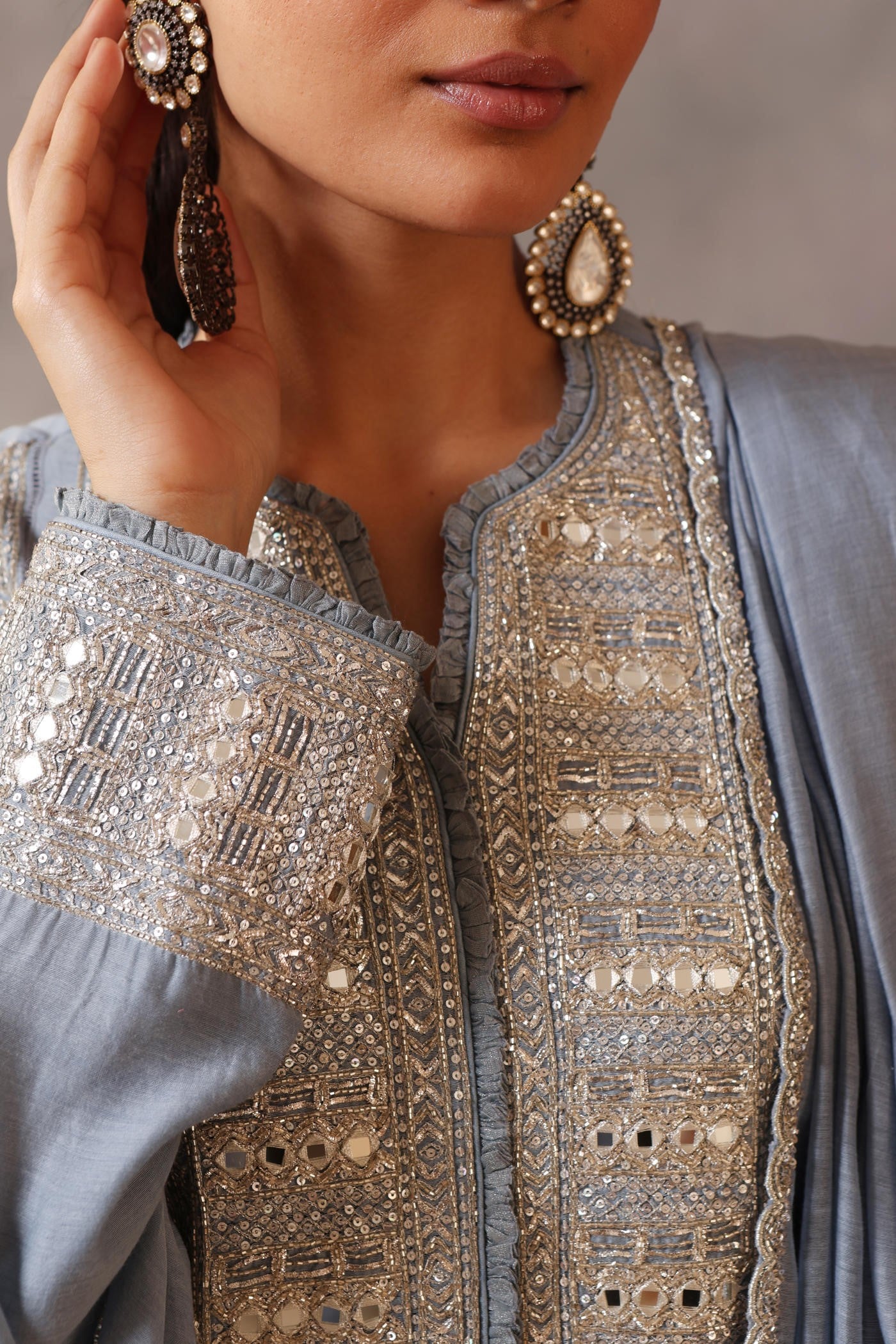 Hand Embroidered Shadow Blue Pure Cotton Silk Kurta Pants Set