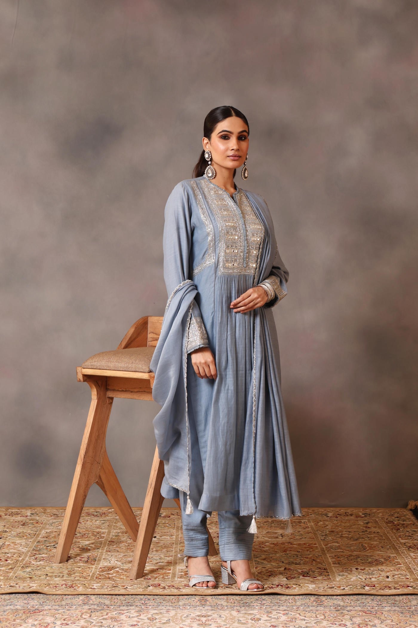 Hand Embroidered Shadow Blue Pure Cotton Silk Kurta Pants Set
