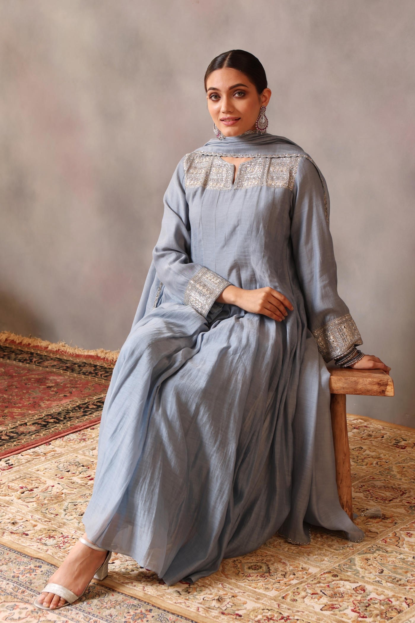 Hand Embroidered Shadow Blue Pure Cotton Silk Anarkali Pants Set