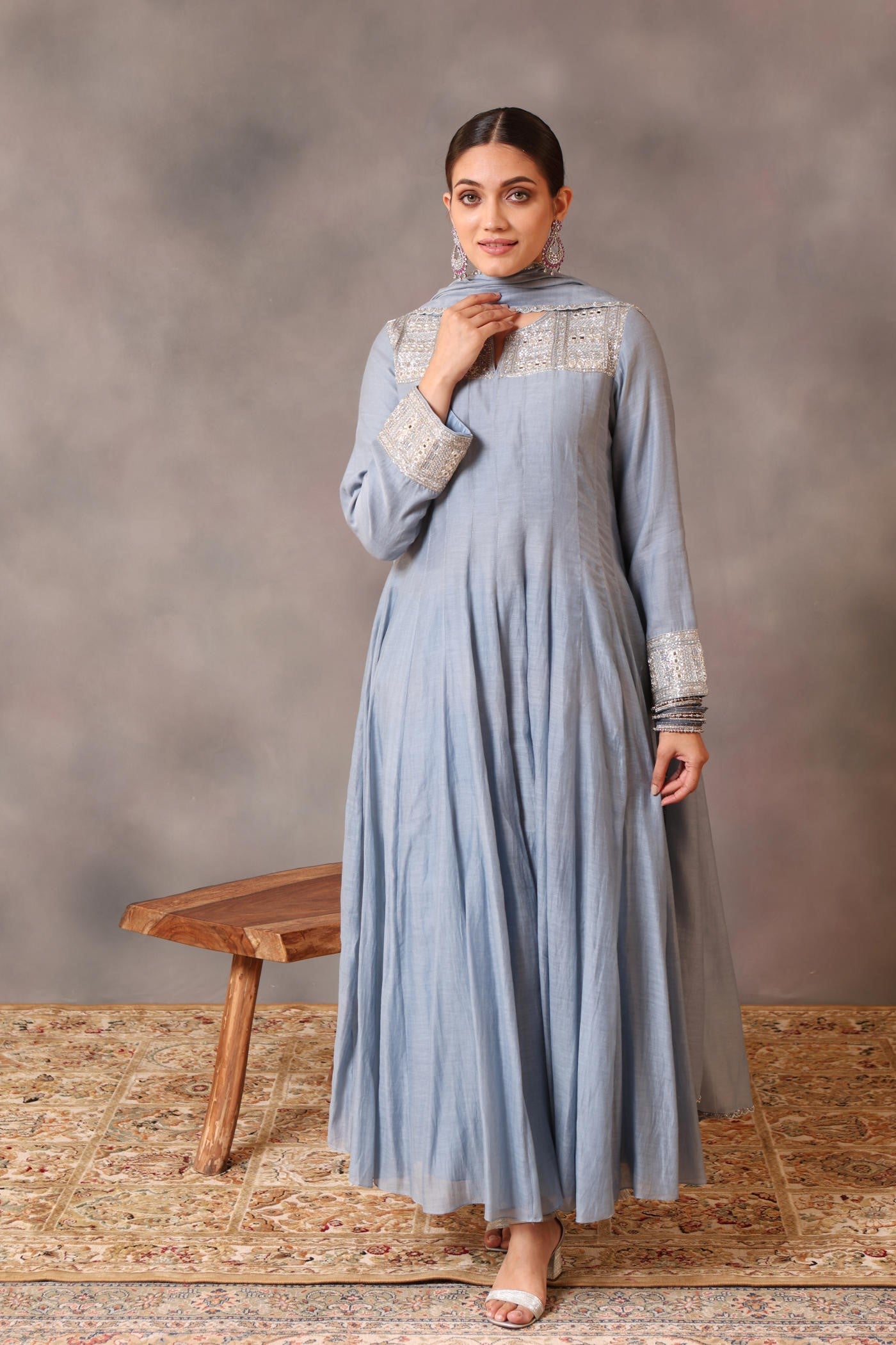 Hand Embroidered Shadow Blue Pure Cotton Silk Anarkali Pants Set