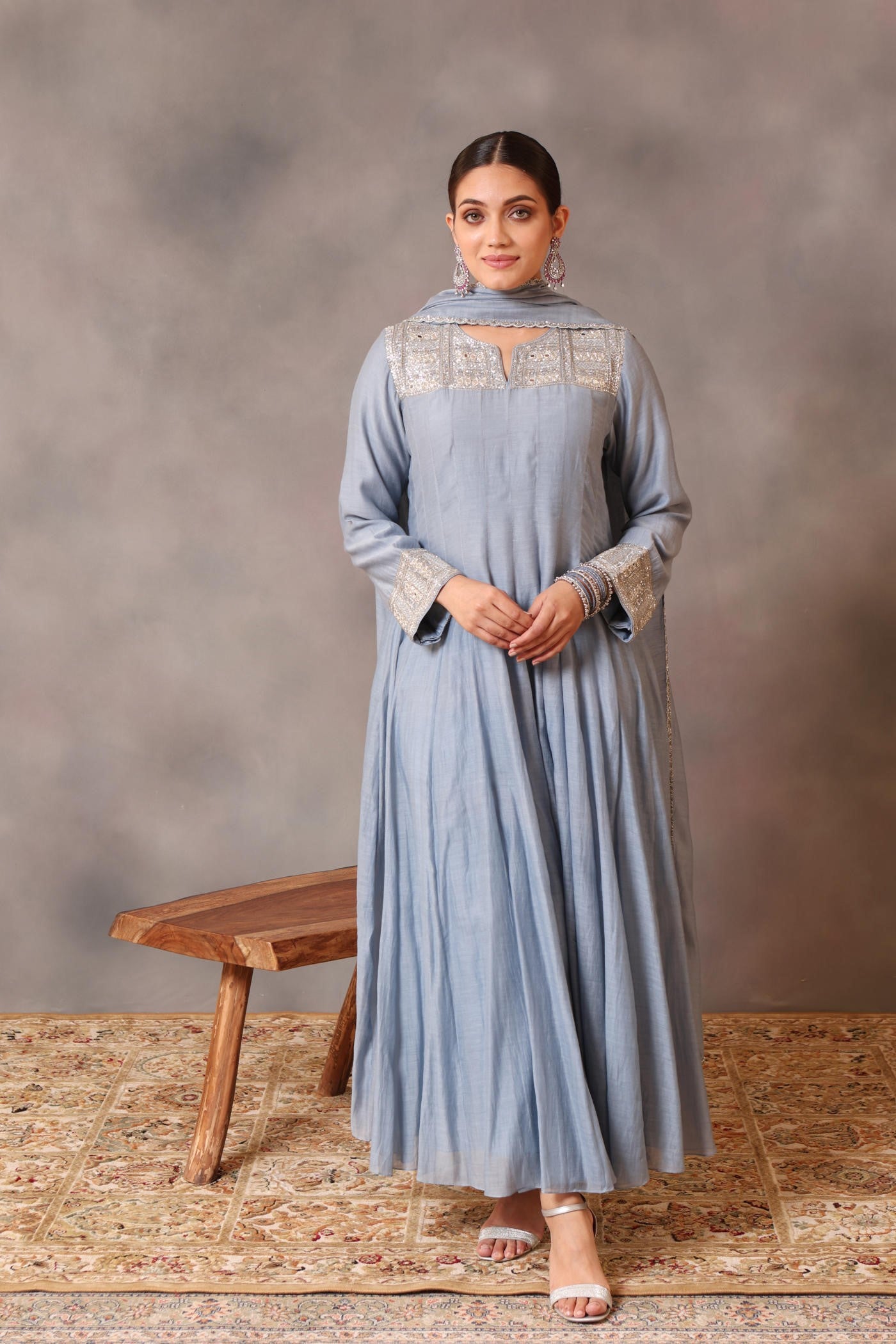 Hand Embroidered Shadow Blue Pure Cotton Silk Anarkali Pants Set