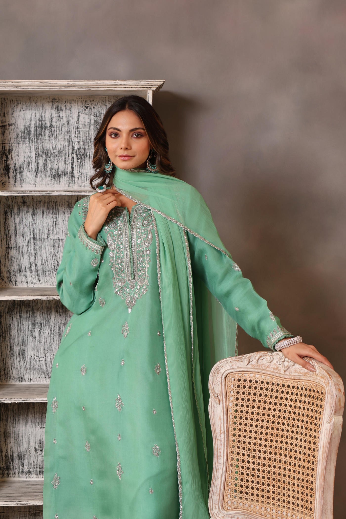 Hand Embroidered Bermuda Green Pure Silk Organza Kurta Pants Set