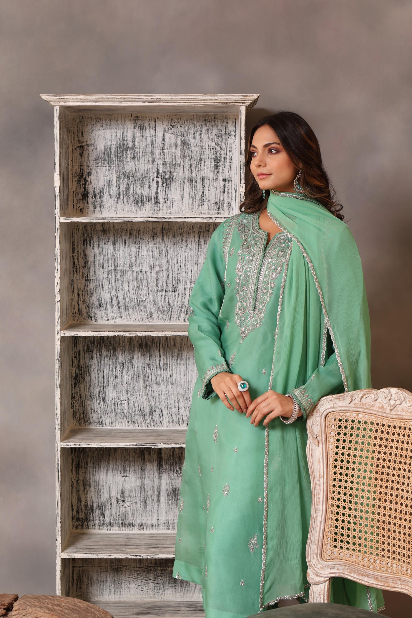 Hand Embroidered Bermuda Green Pure Silk Organza Kurta Pants Set