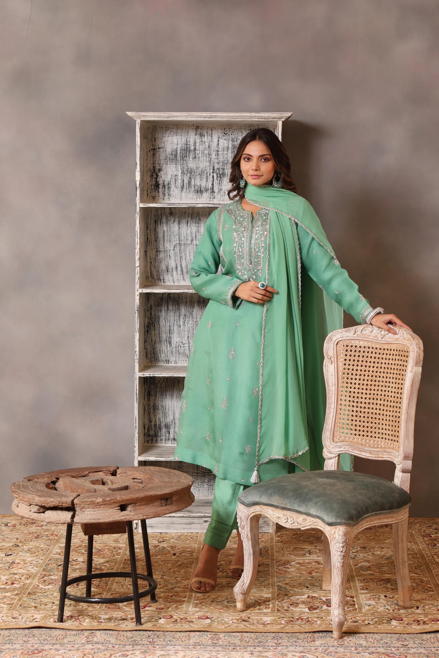Hand Embroidered Bermuda Green Pure Silk Organza Kurta Pants Set