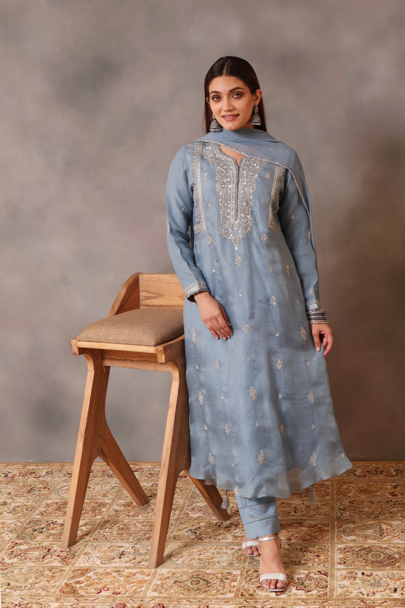 Hand Embroidered Shadow Blue Pure Silk Organza Kurta Pants Set