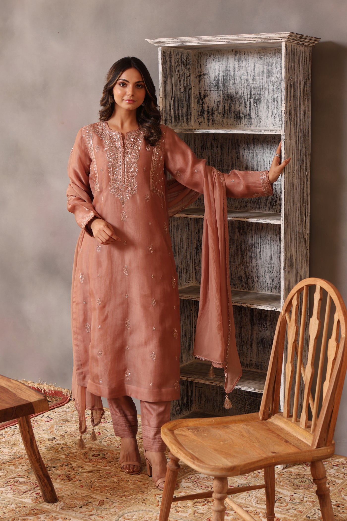 Hand Embroidered Rose Brown Pure Silk Organza Kurta Pants Set