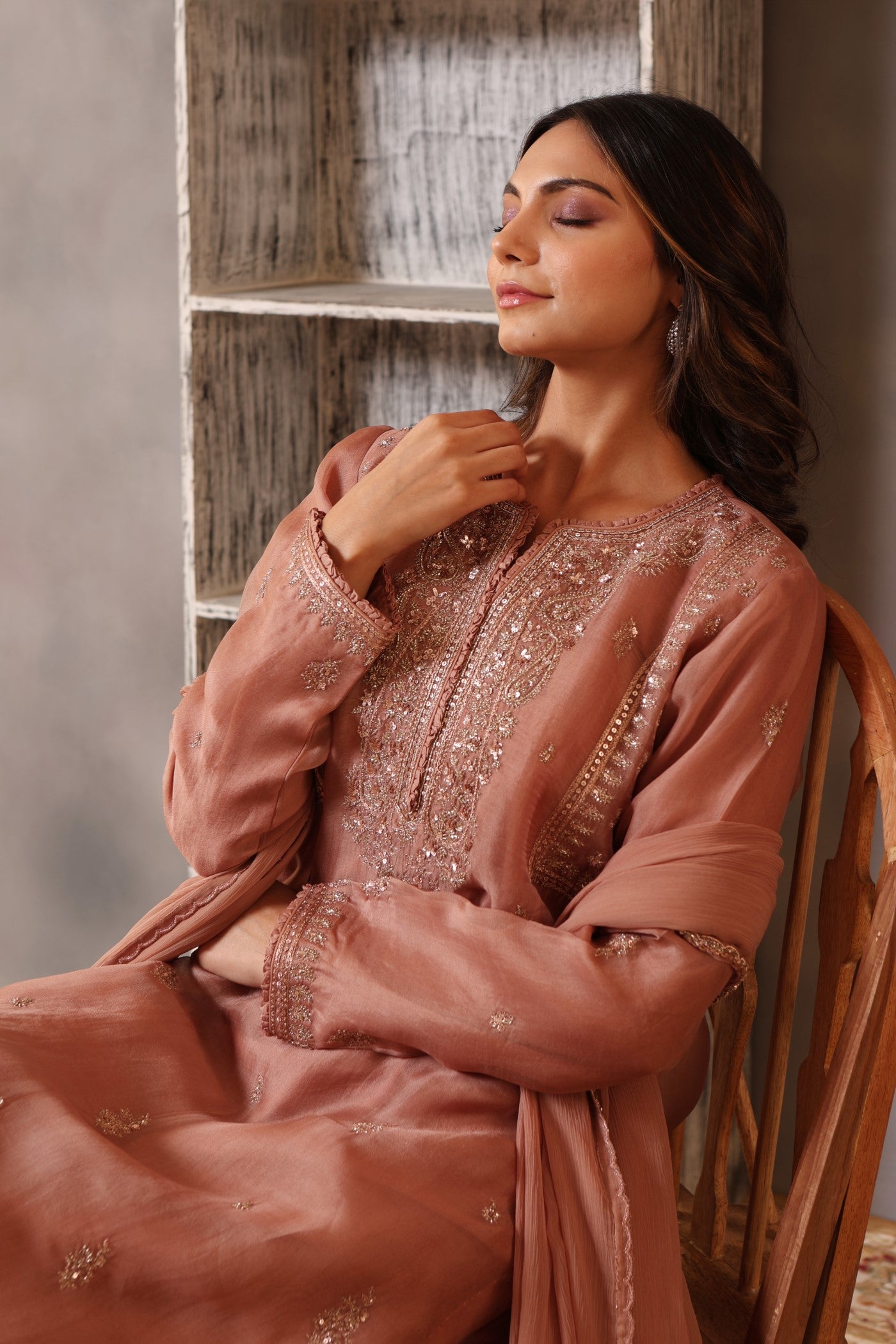 Hand Embroidered Rose Brown Pure Silk Organza Kurta Pants Set