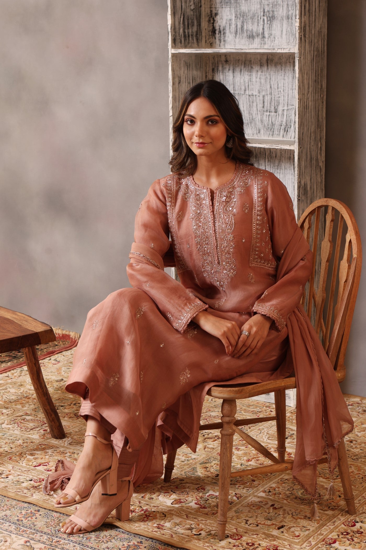 Hand Embroidered Rose Brown Pure Silk Organza Kurta Pants Set