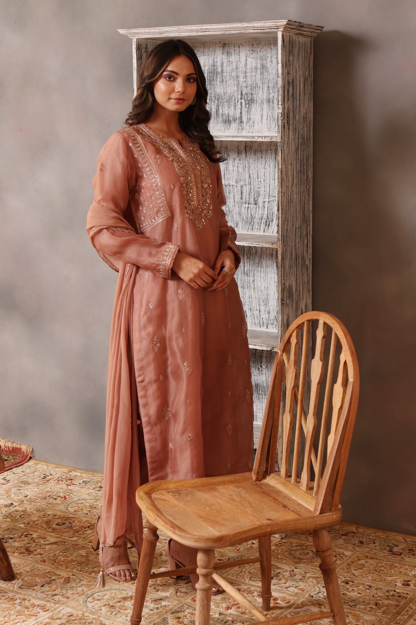Hand Embroidered Rose Brown Pure Silk Organza Kurta Pants Set