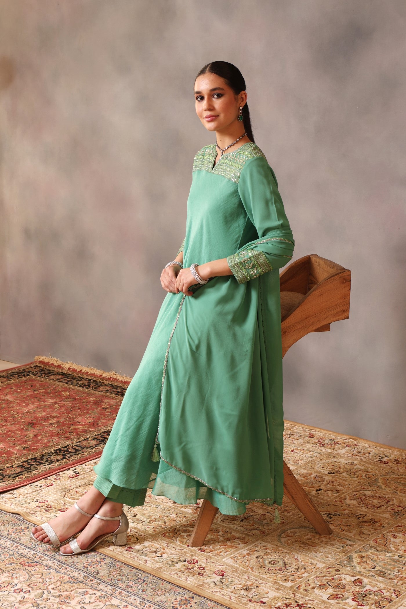 Hand Embroidered Fern Green Pure Silk Cotton Kurta Pants Set