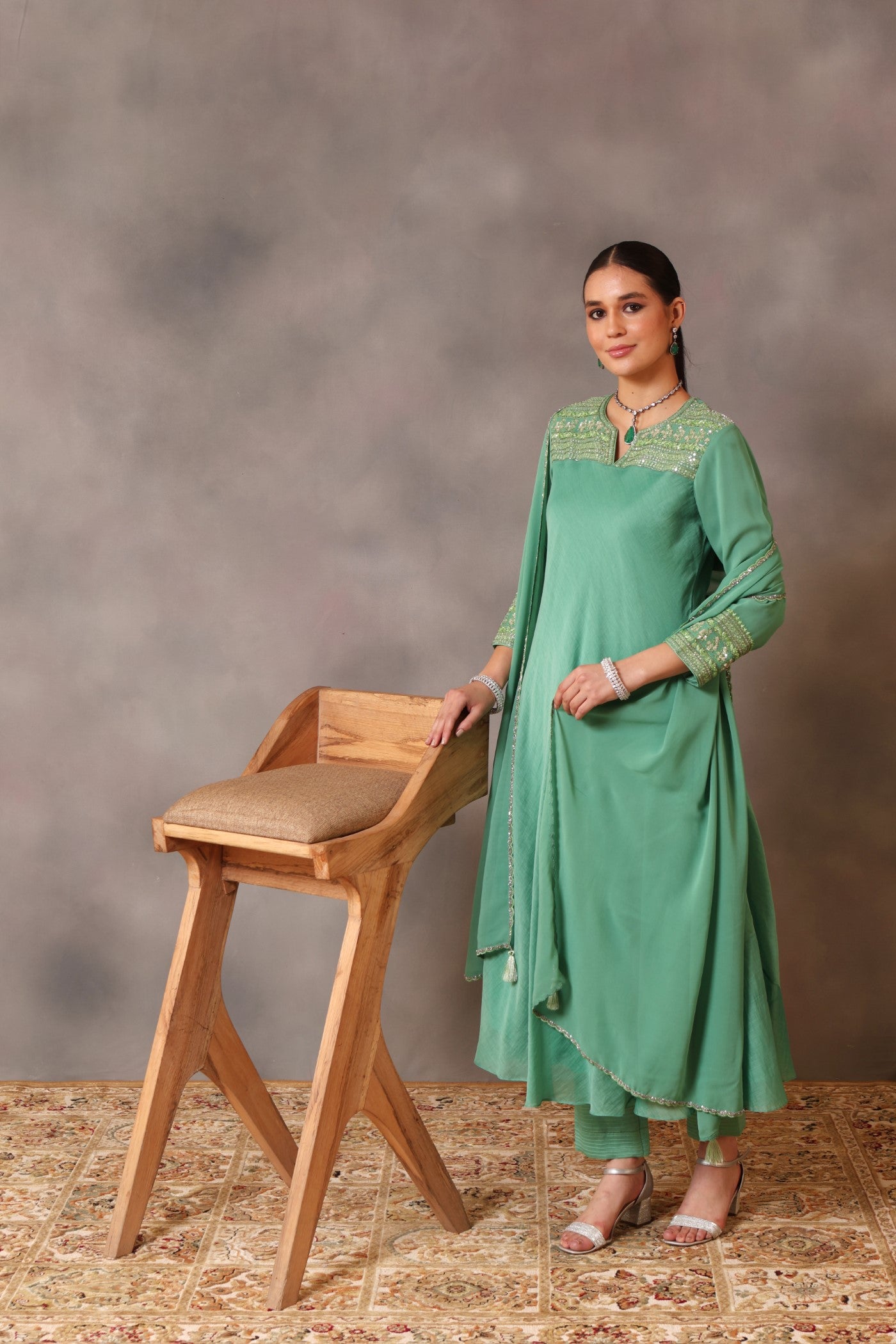 Hand Embroidered Fern Green Pure Silk Cotton Kurta Pants Set