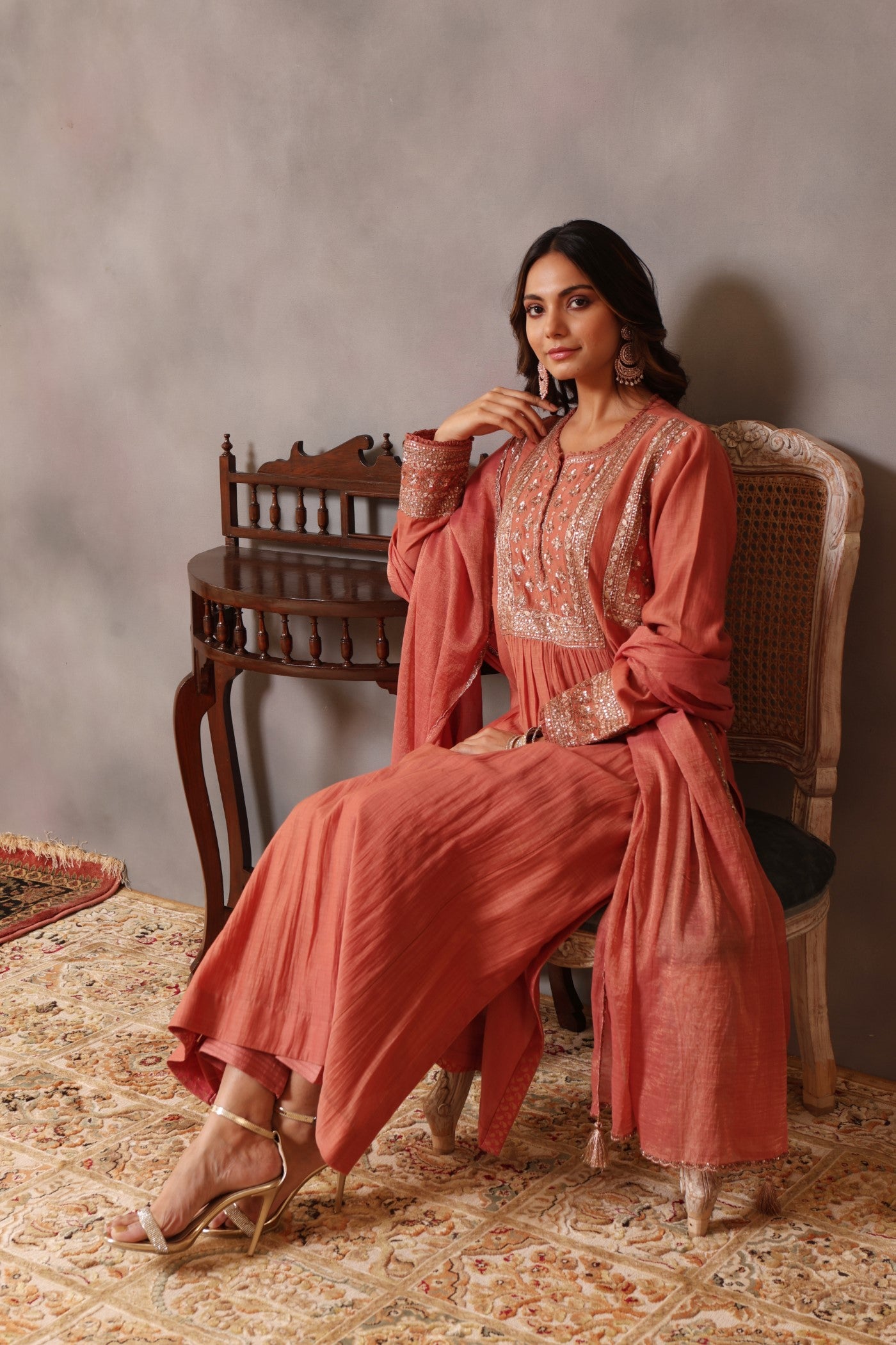 Hand Embroidered Burnt Peach Pure Silk Cotton Kurta Pants Set