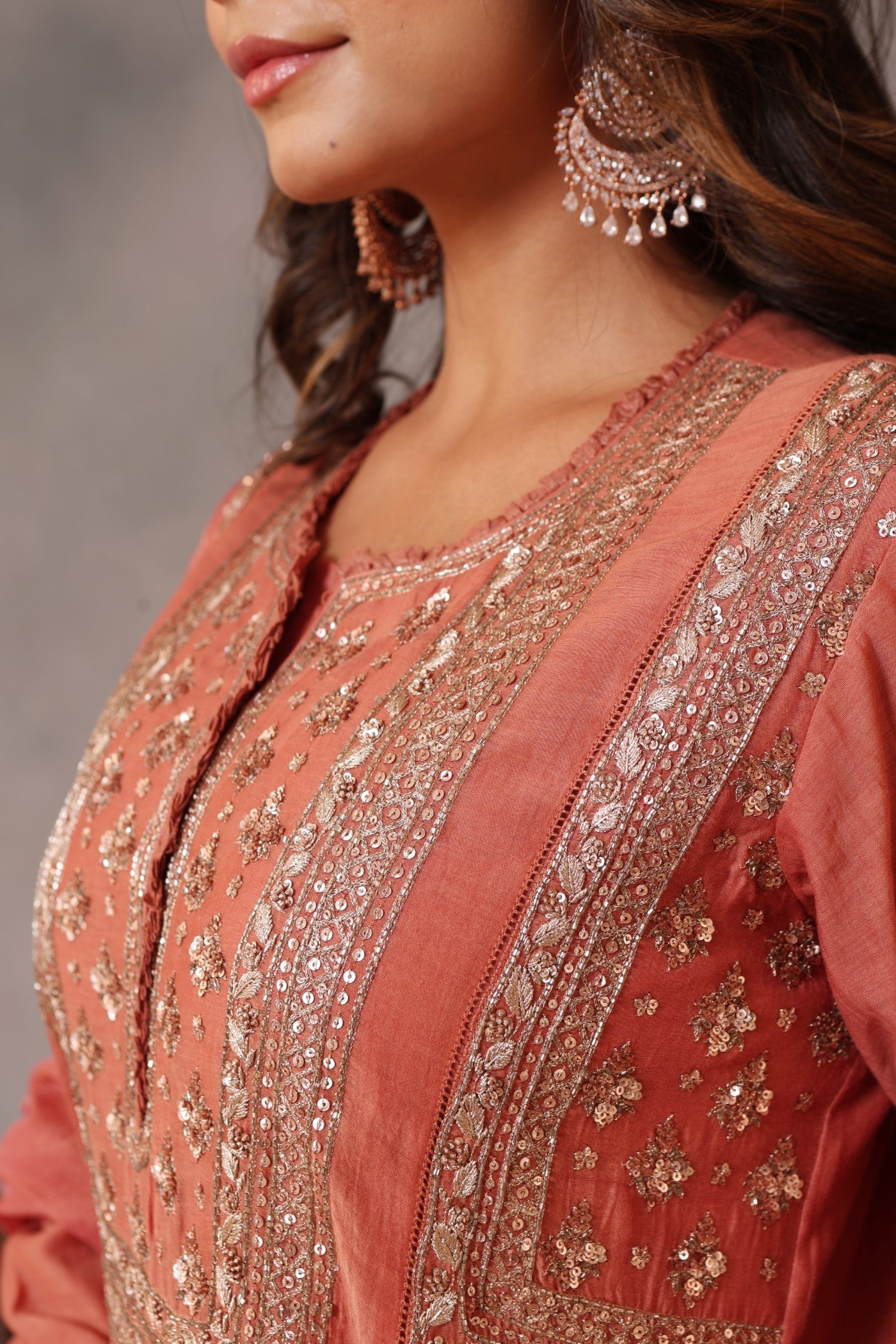 Hand Embroidered Burnt Peach Pure Silk Cotton Kurta Pants Set