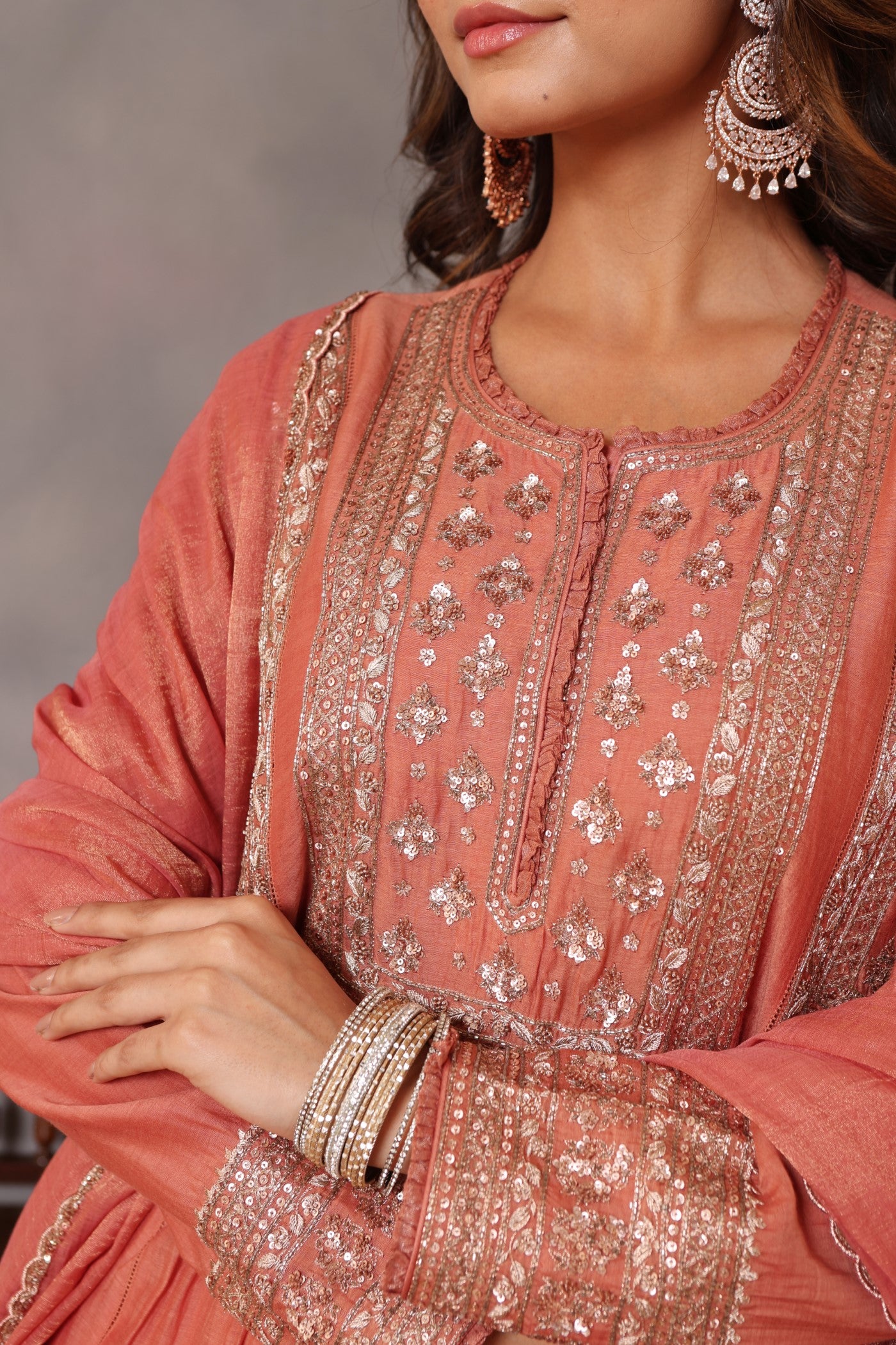 Hand Embroidered Burnt Peach Pure Silk Cotton Kurta Pants Set