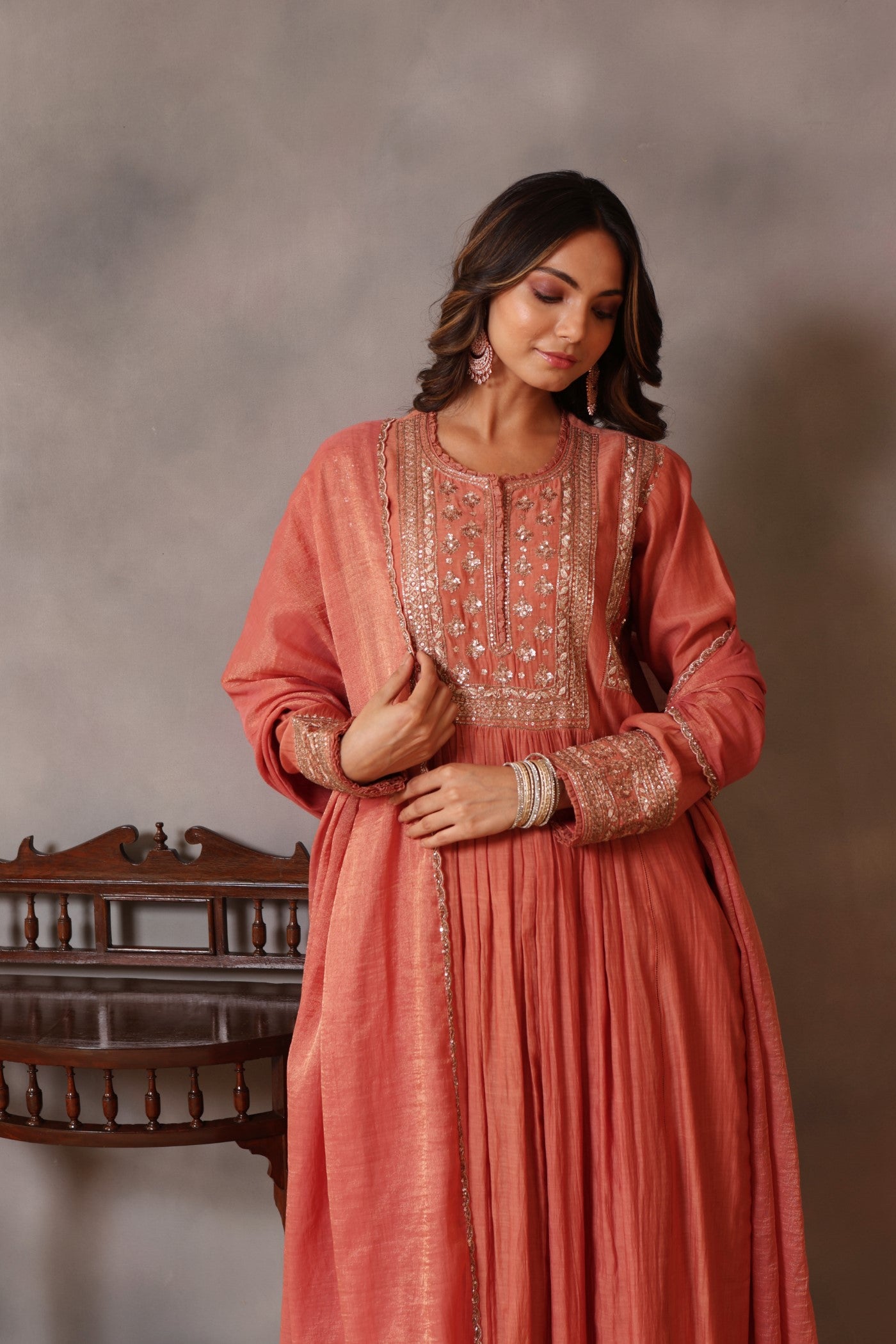 Hand Embroidered Burnt Peach Pure Silk Cotton Kurta Pants Set