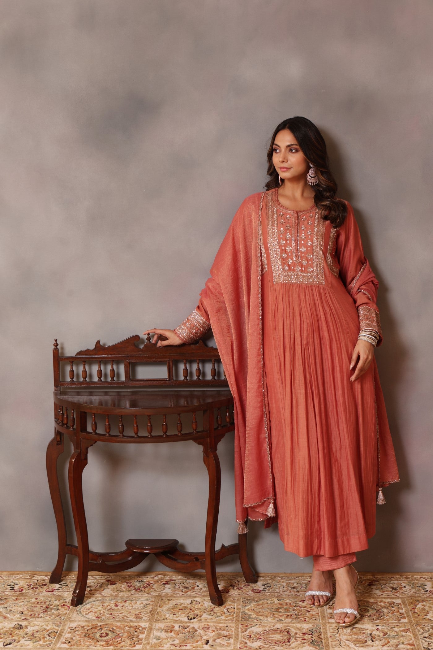 Hand Embroidered Burnt Peach Pure Silk Cotton Kurta Pants Set