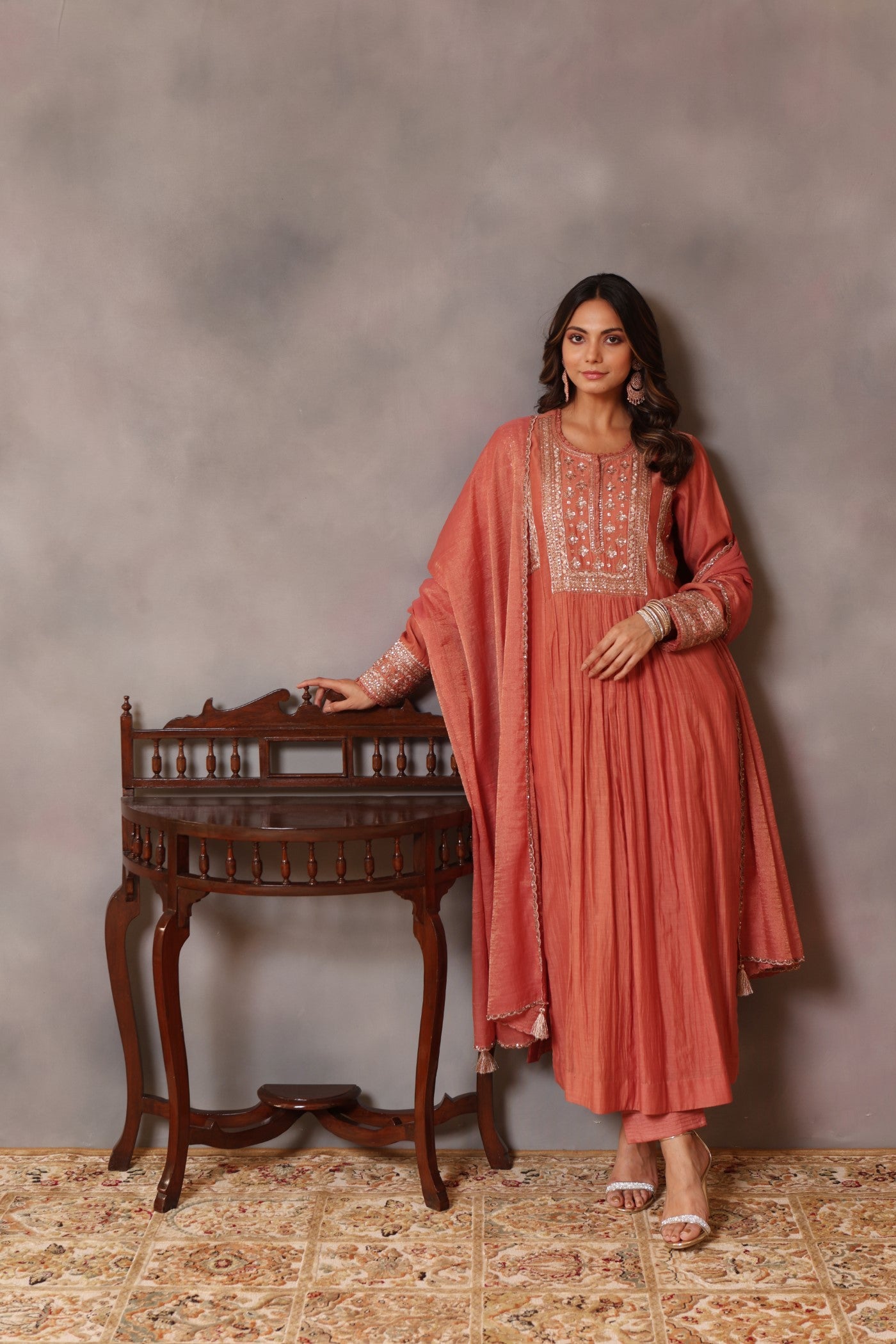 Hand Embroidered Burnt Peach Pure Silk Cotton Kurta Pants Set