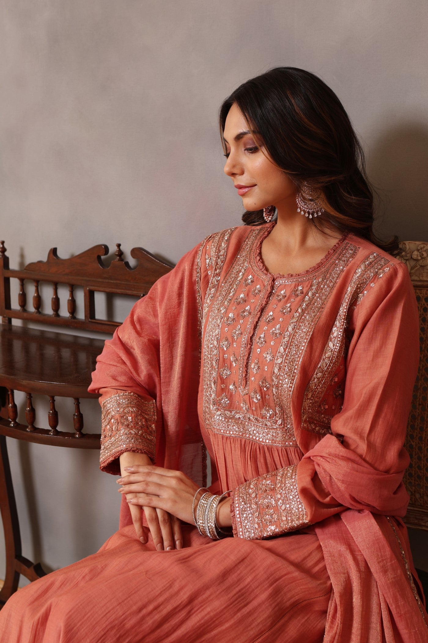 Hand Embroidered Burnt Peach Pure Silk Cotton Kurta Pants Set