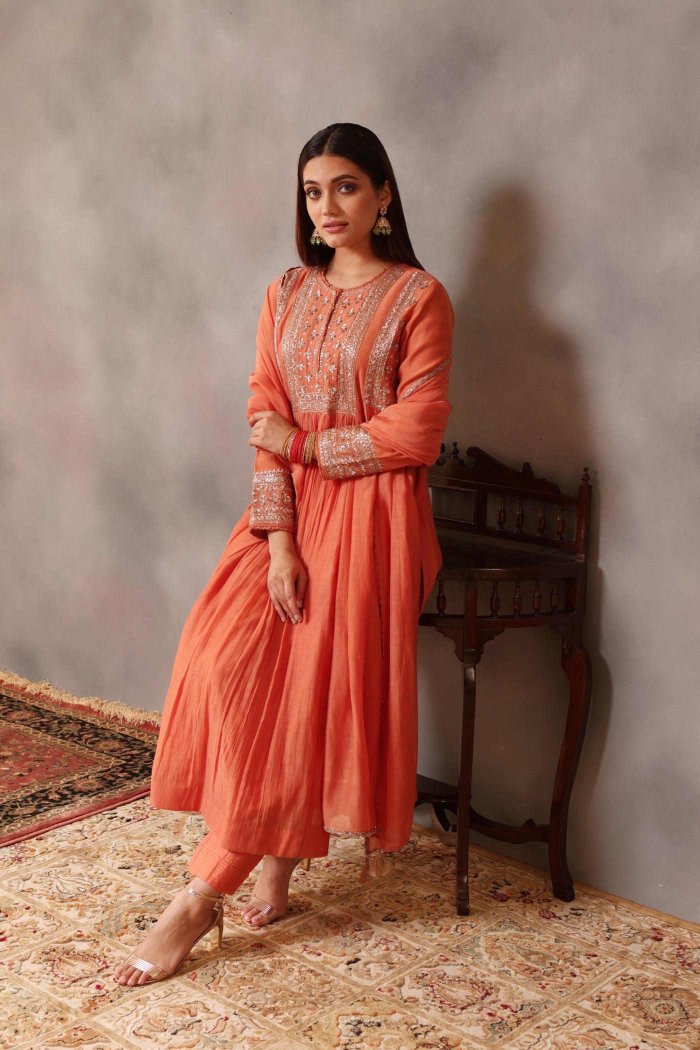 Hand Embroidered Vermillion Orange Pure Silk Cotton Kurta Pants Set
