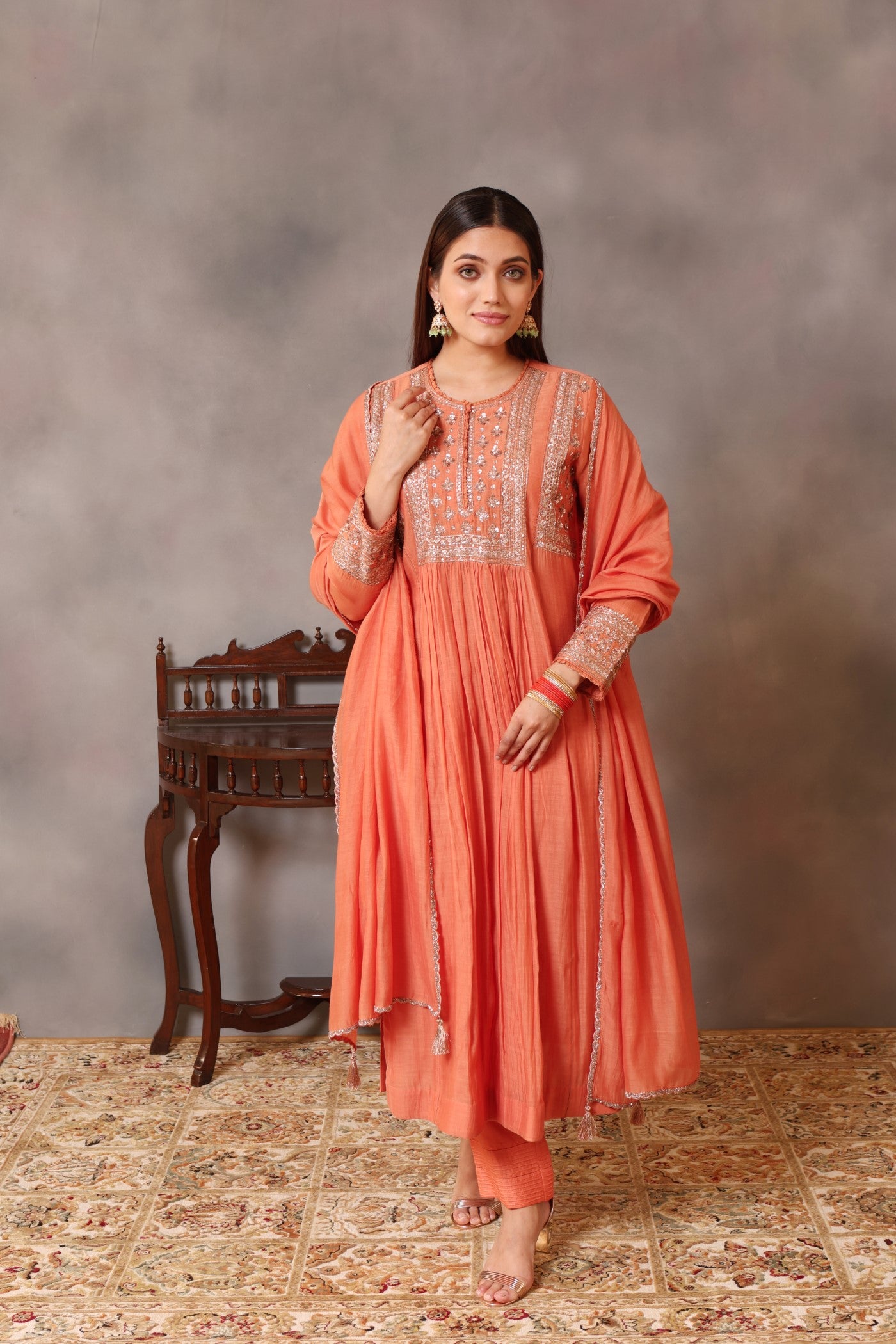 Hand Embroidered Vermillion Orange Pure Silk Cotton Kurta Pants Set