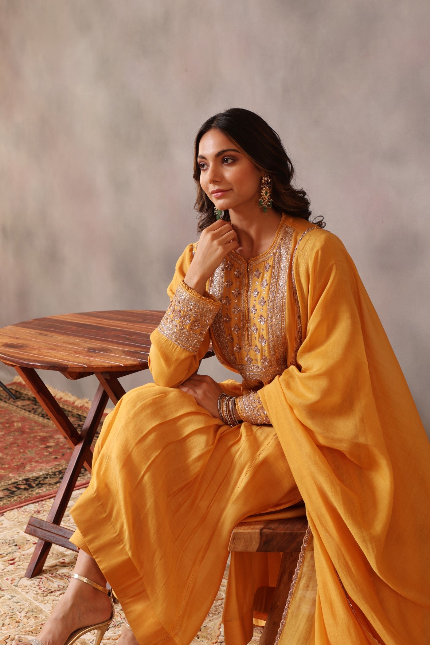 Hand Embroidered Dusty Mustard Pure Silk Cotton Kurta Pants Set
