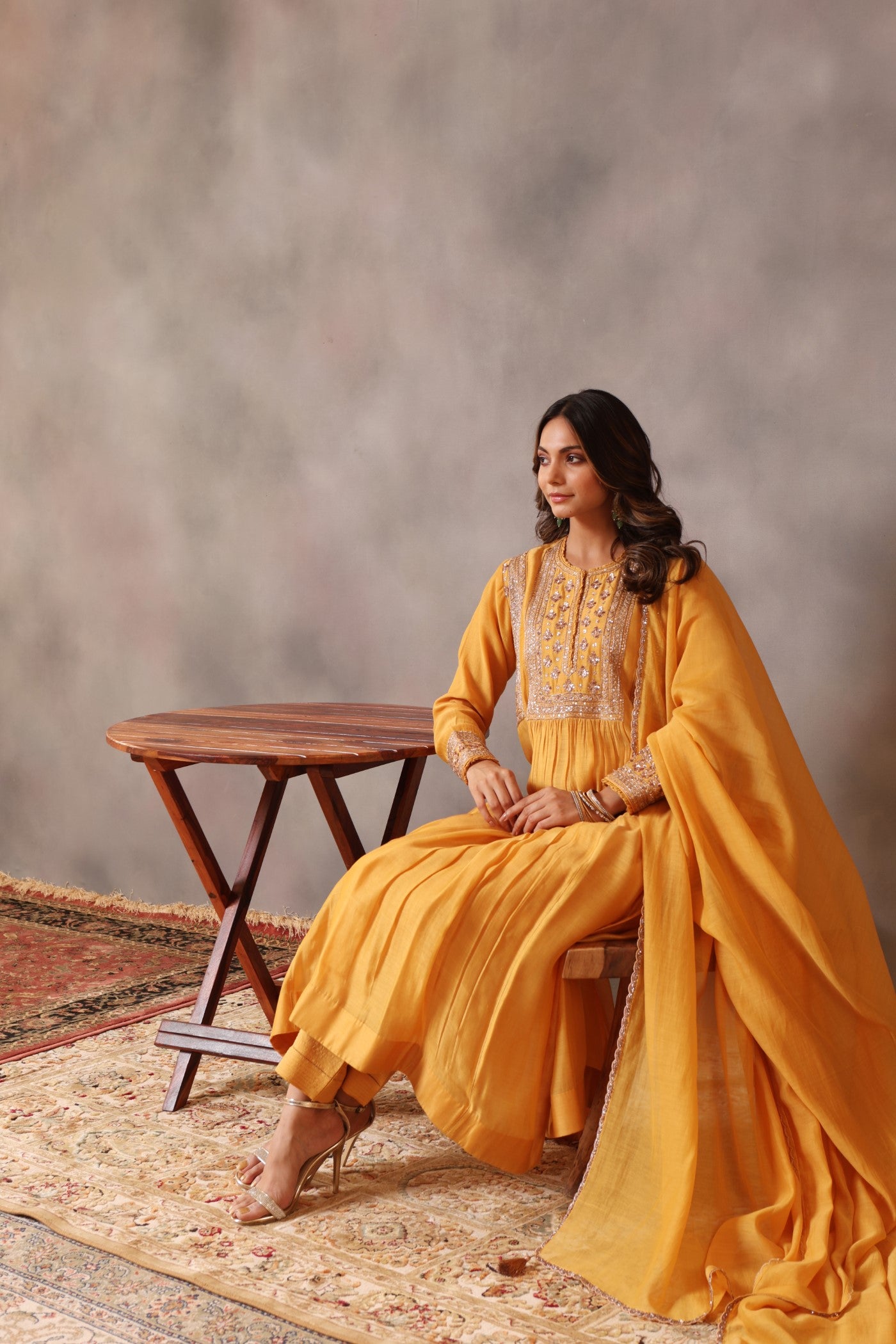 Hand Embroidered Dusty Mustard Pure Silk Cotton Kurta Pants Set