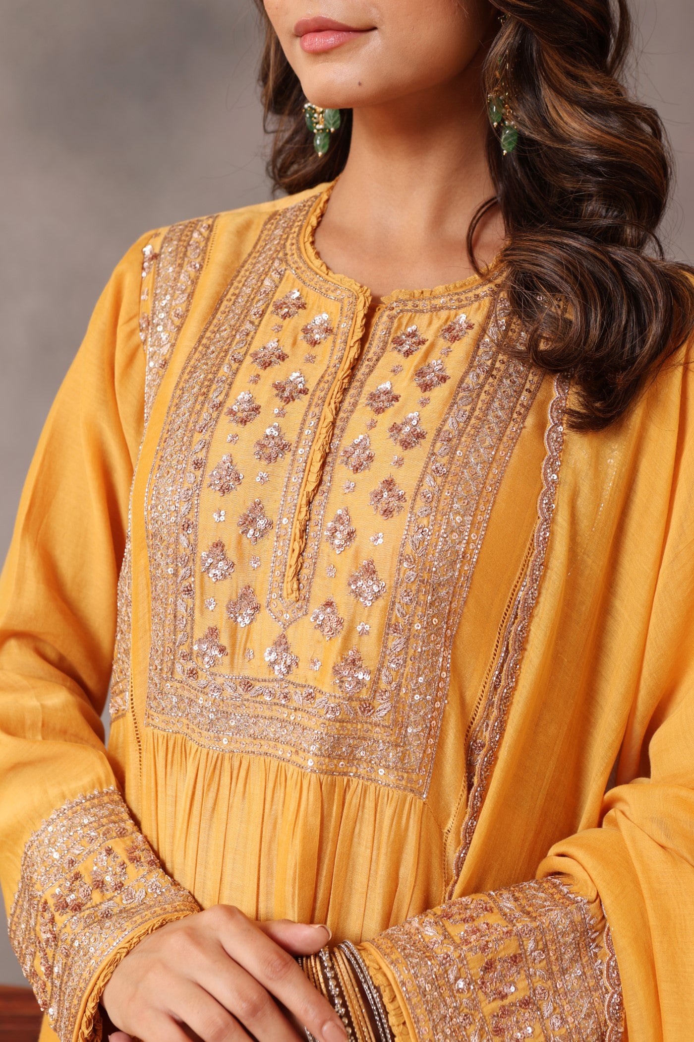 Hand Embroidered Dusty Mustard Pure Silk Cotton Kurta Pants Set