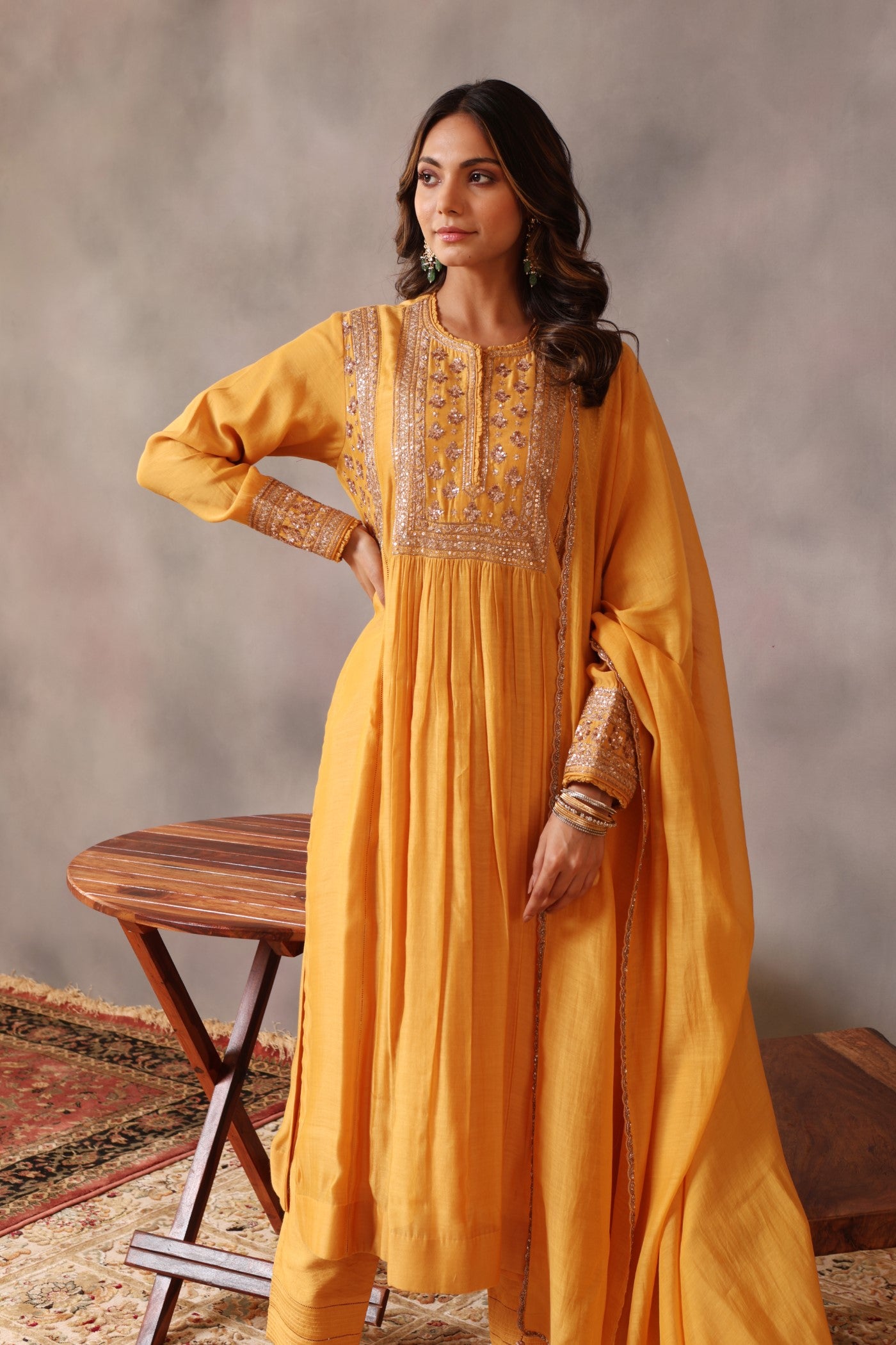 Hand Embroidered Dusty Mustard Pure Silk Cotton Kurta Pants Set