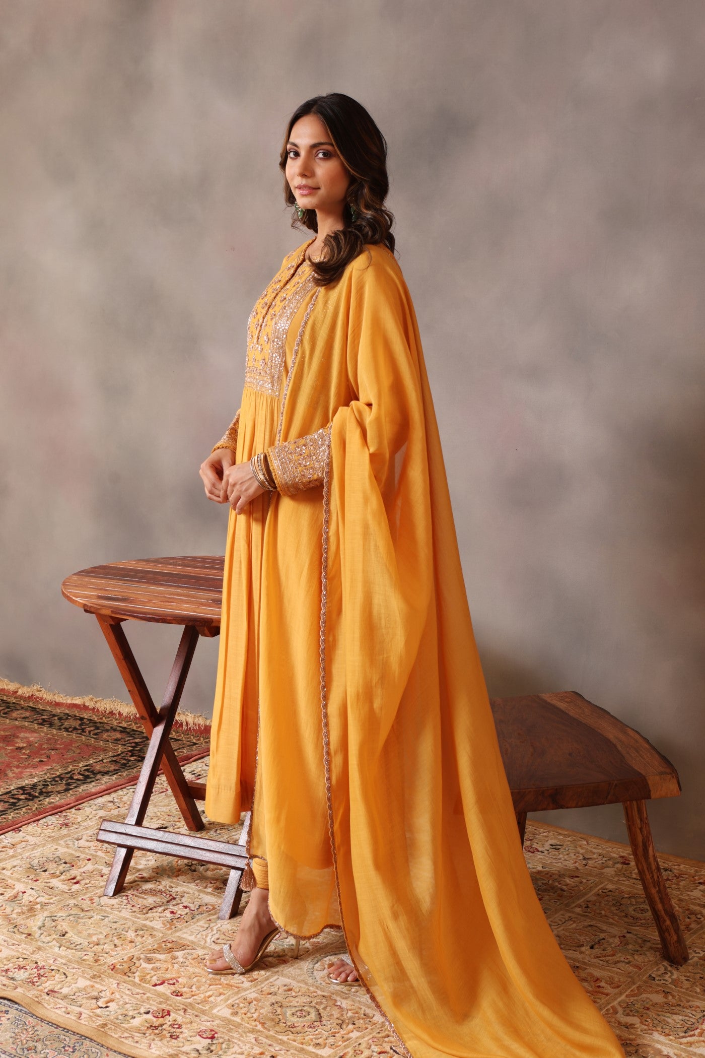 Hand Embroidered Dusty Mustard Pure Silk Cotton Kurta Pants Set