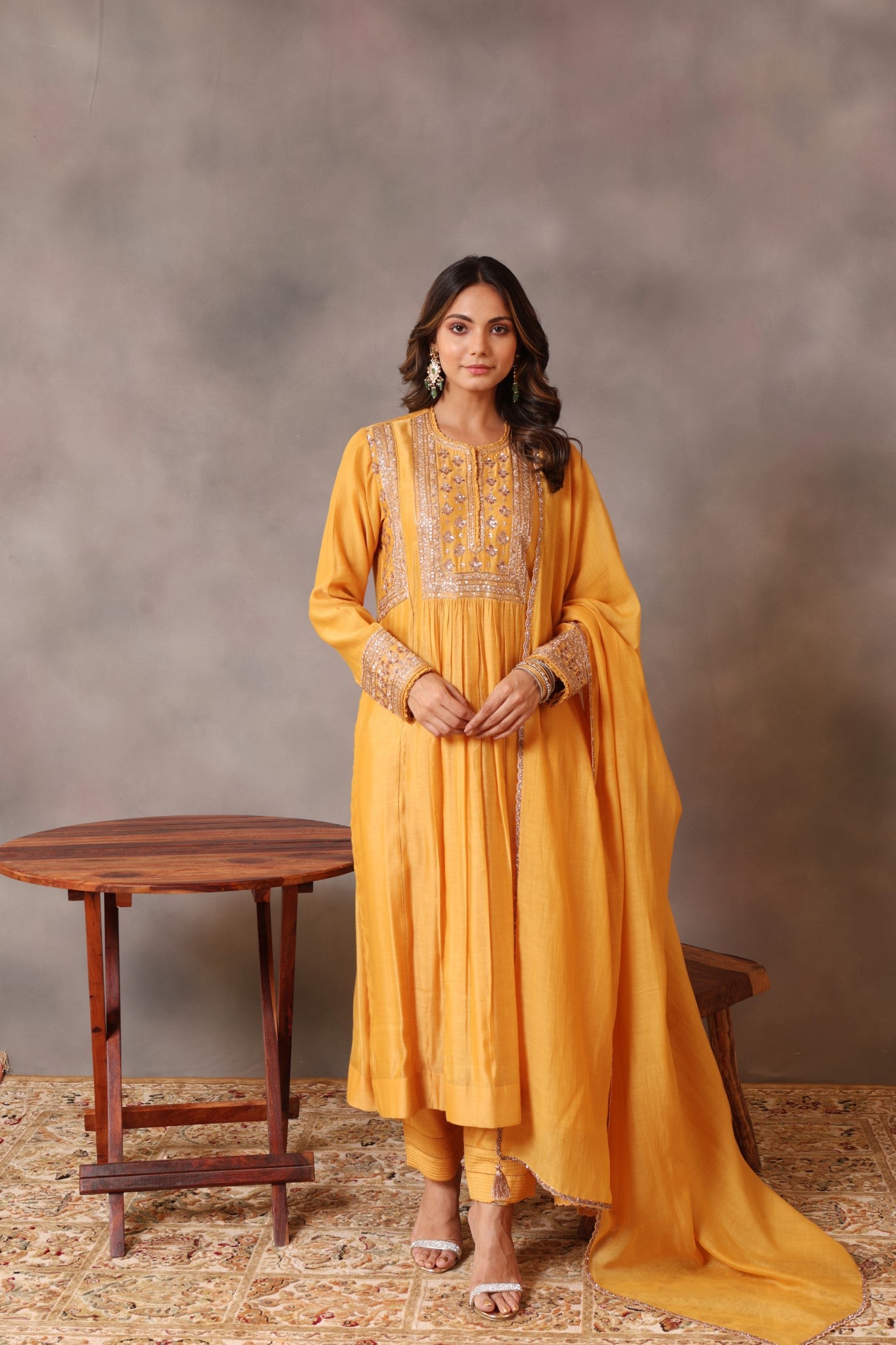 Hand Embroidered Dusty Mustard Pure Silk Cotton Kurta Pants Set