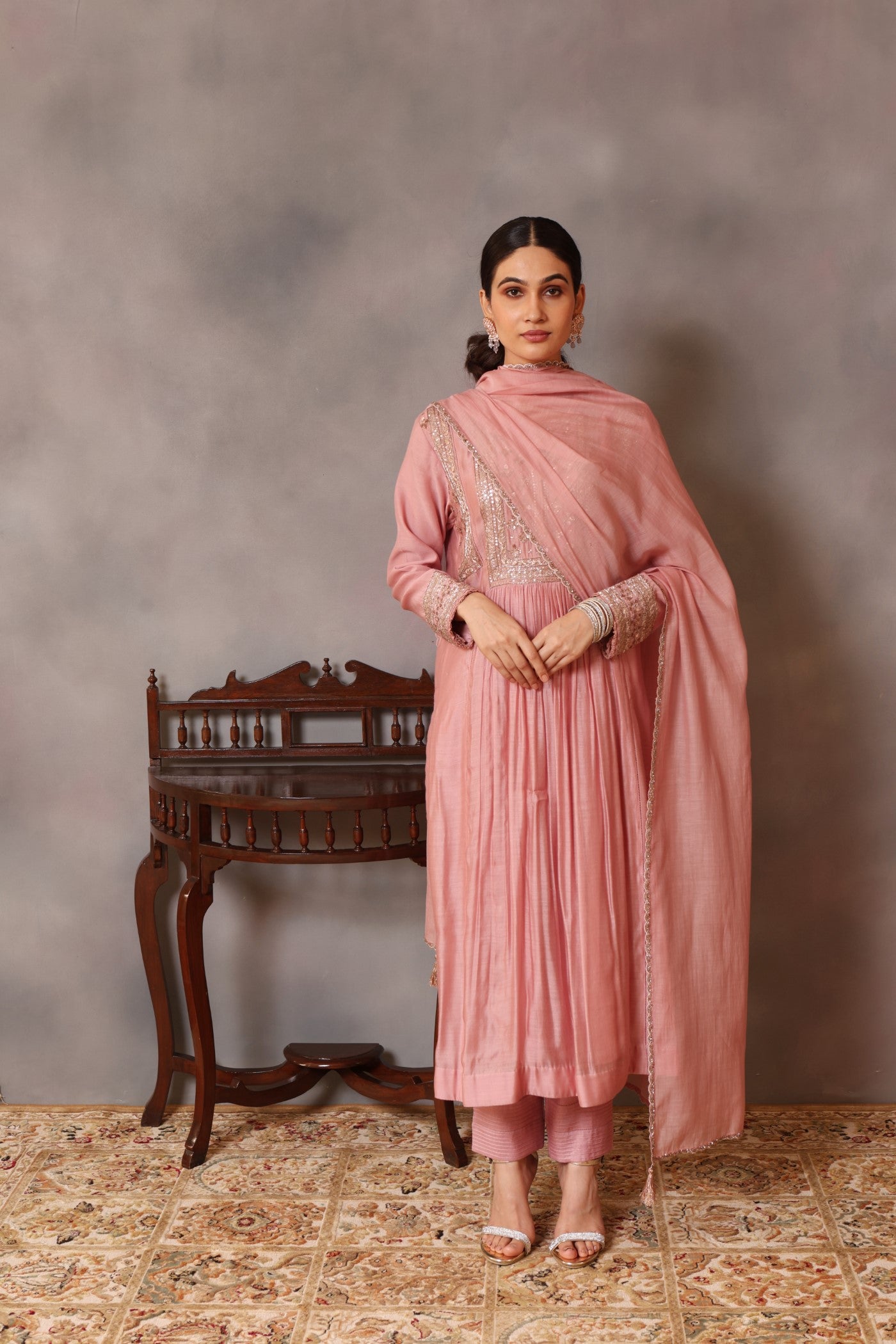 Hand Embroidered Dusty Pink Pure Silk Cotton Kurta Pants Set