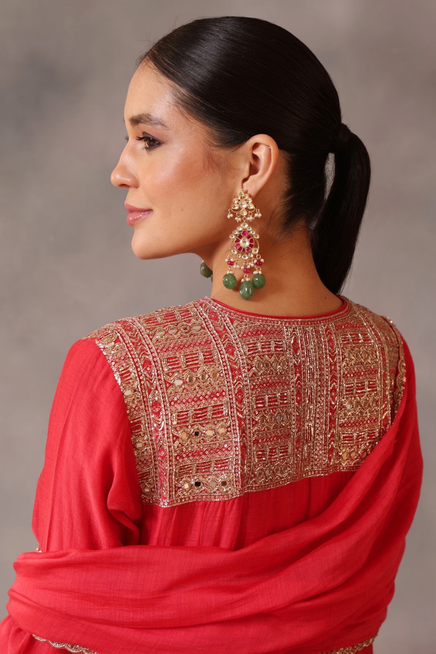 Hand Embroidered Tomato Red Pure Cotton Silk Anarkali Pants Set