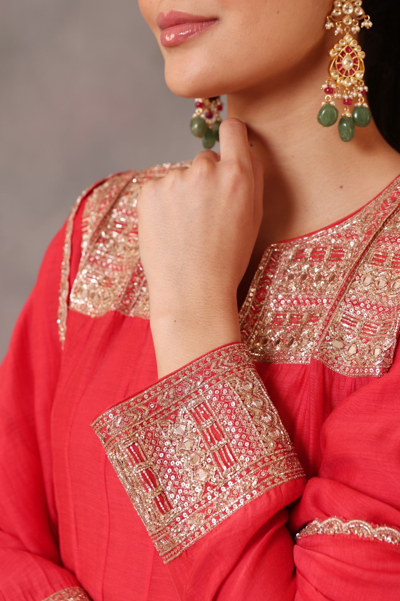 Hand Embroidered Tomato Red Pure Cotton Silk Anarkali Pants Set